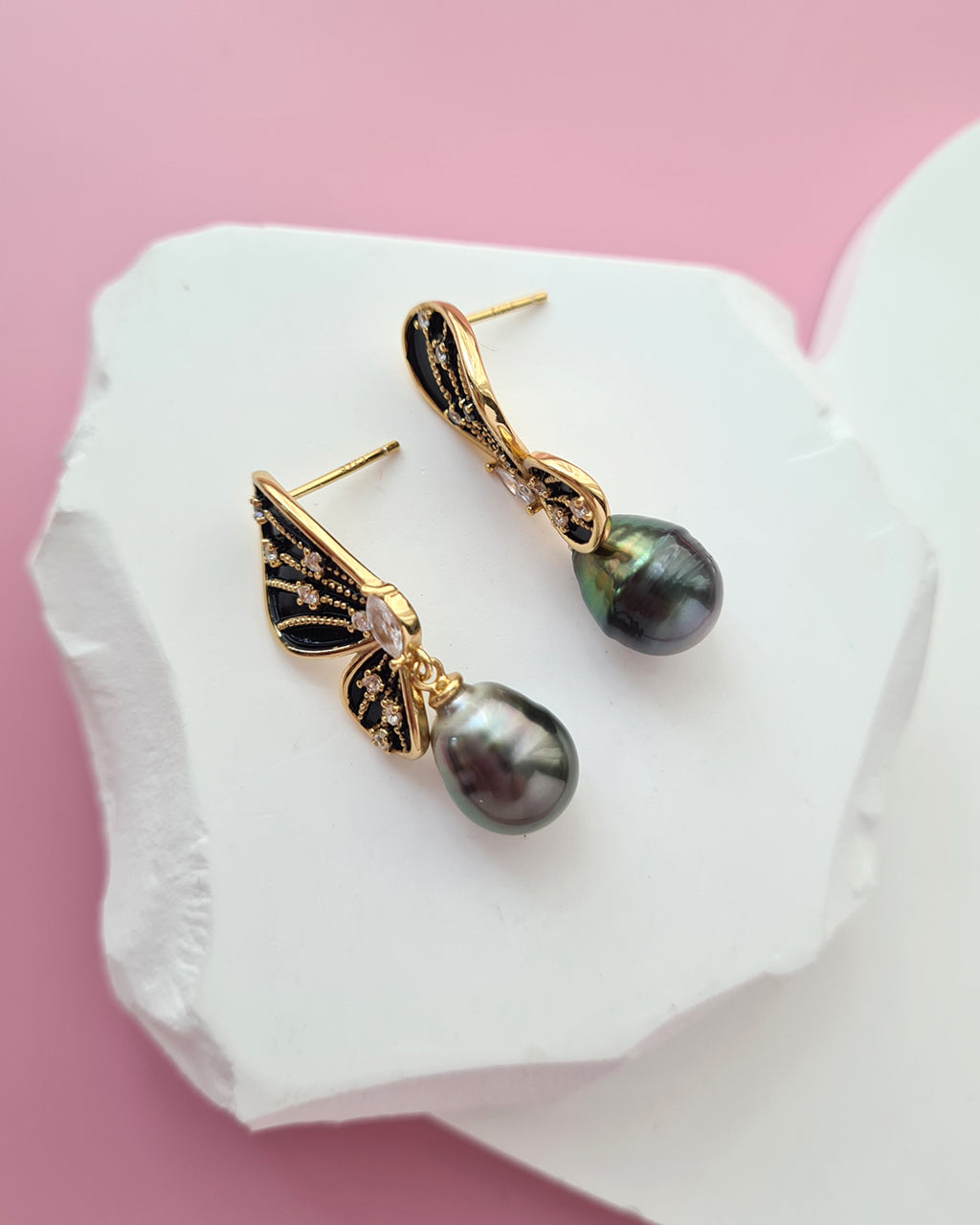 Tahitian Pearl Earrings - Black Gold Butterfly Sterling Silver Jewelry