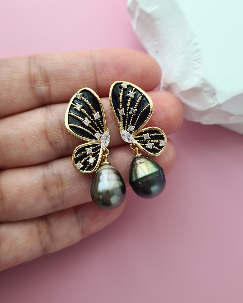 Tahitian Pearl Earrings - Black Gold Butterfly Sterling Silver Jewelry