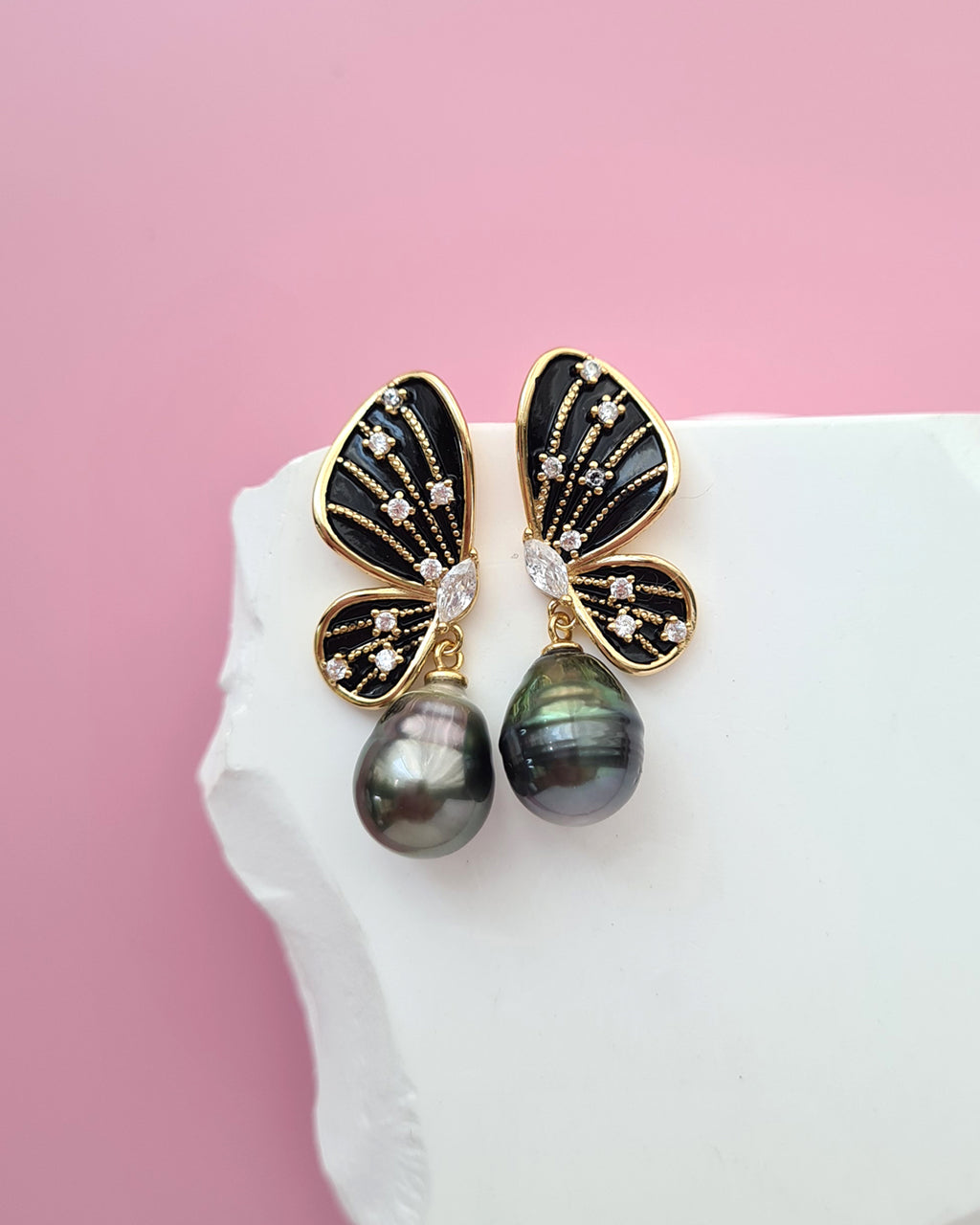 Tahitian Pearl Earrings - Black Gold Butterfly Sterling Silver Jewelry