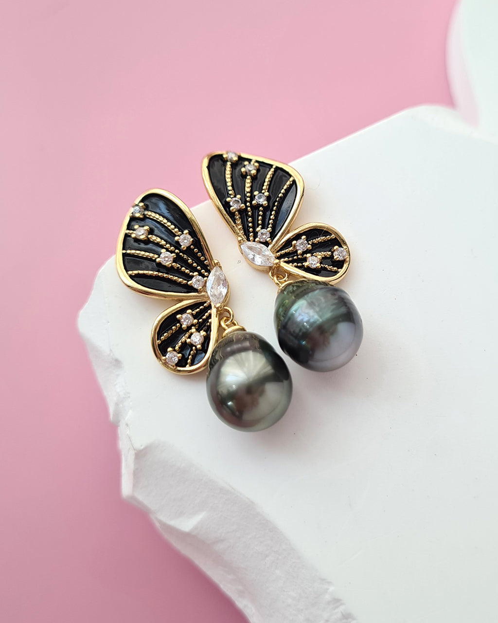 Tahitian Pearl Earrings - Black Gold Butterfly Sterling Silver Jewelry