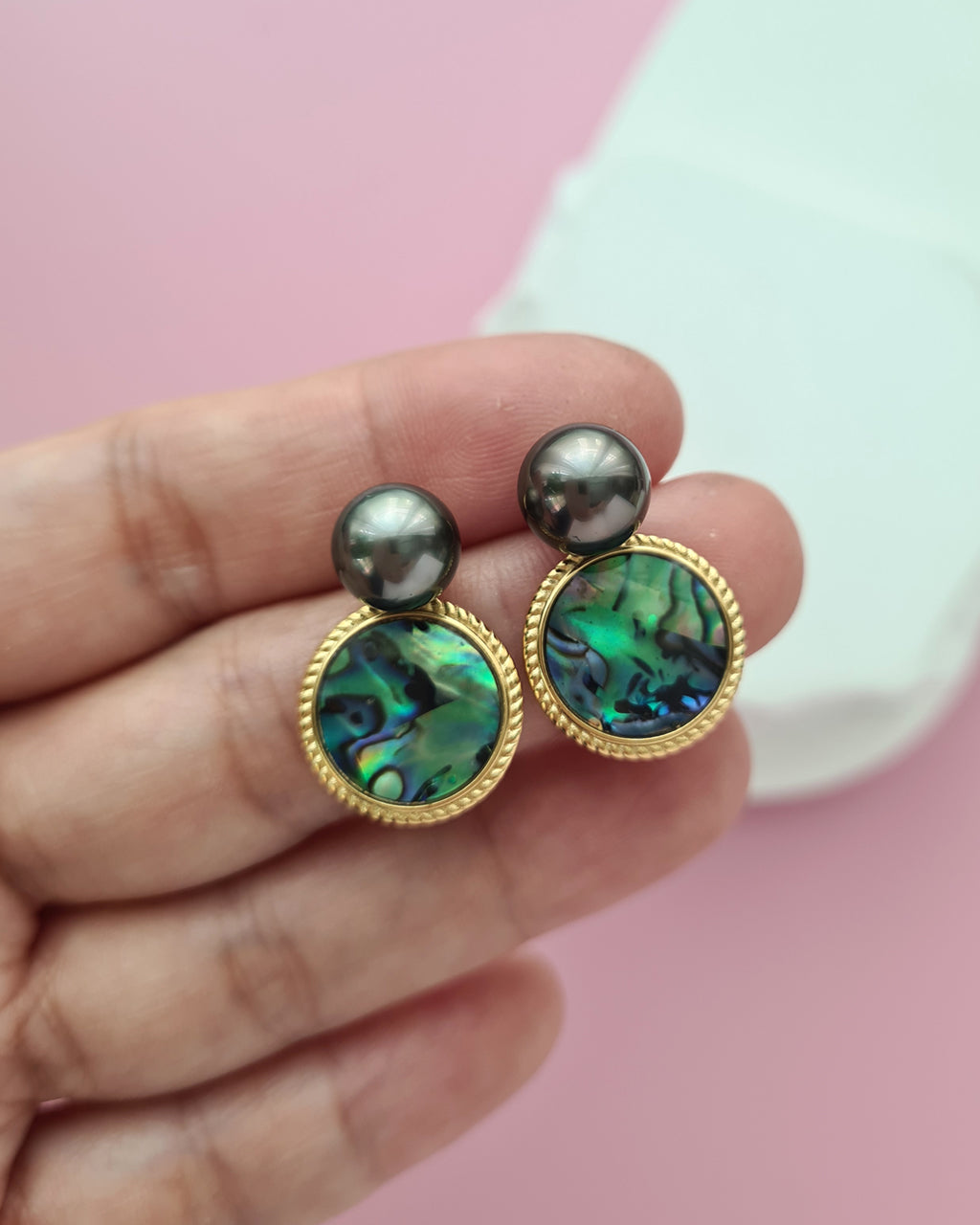 Tahitian Pearl and Mother of Pearl Earrings, Handmade Pearl Jewelry in Singapore