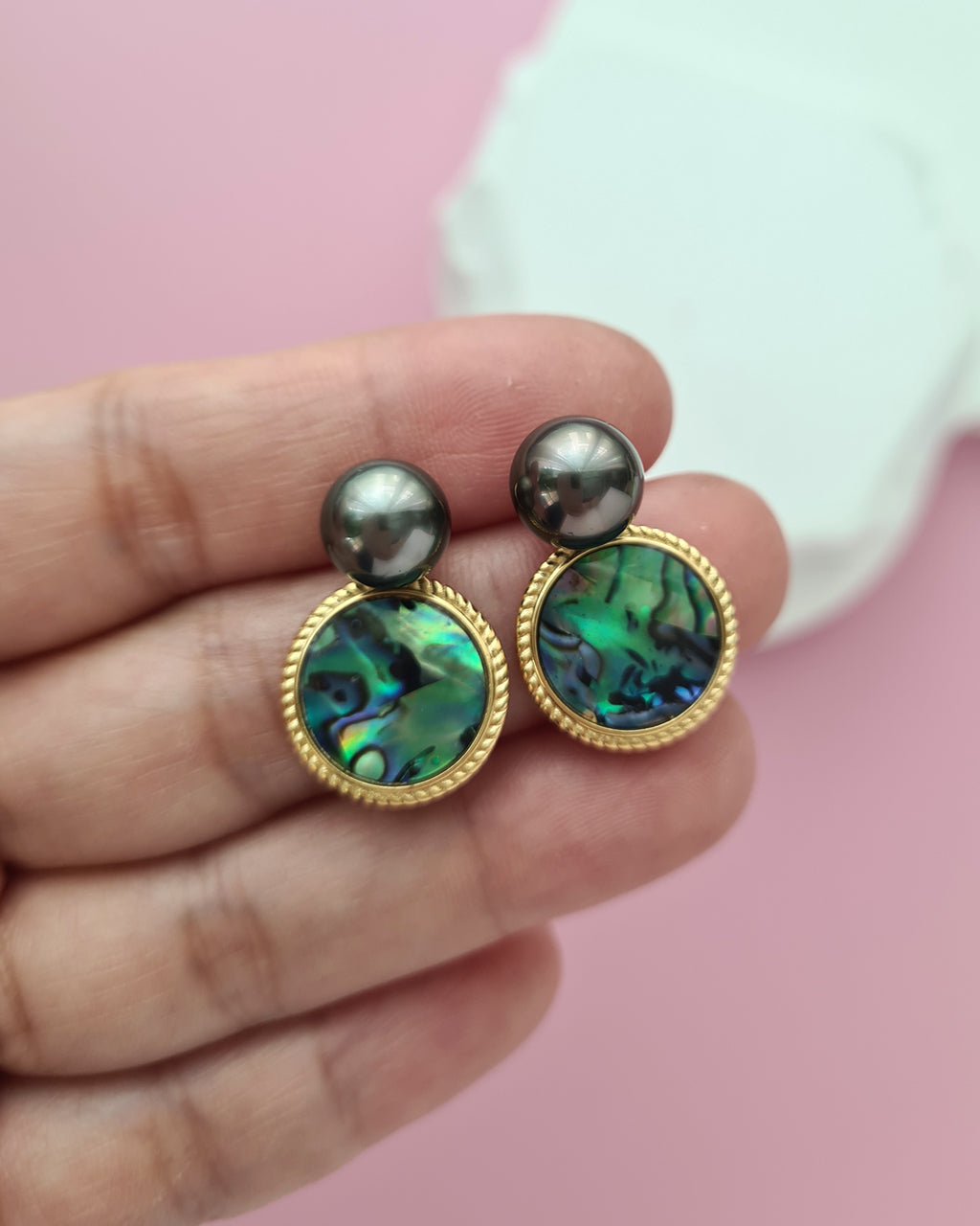 Tahitian Pearl and Mother of Pearl Earrings, Handmade Pearl Jewelry in Singapore
