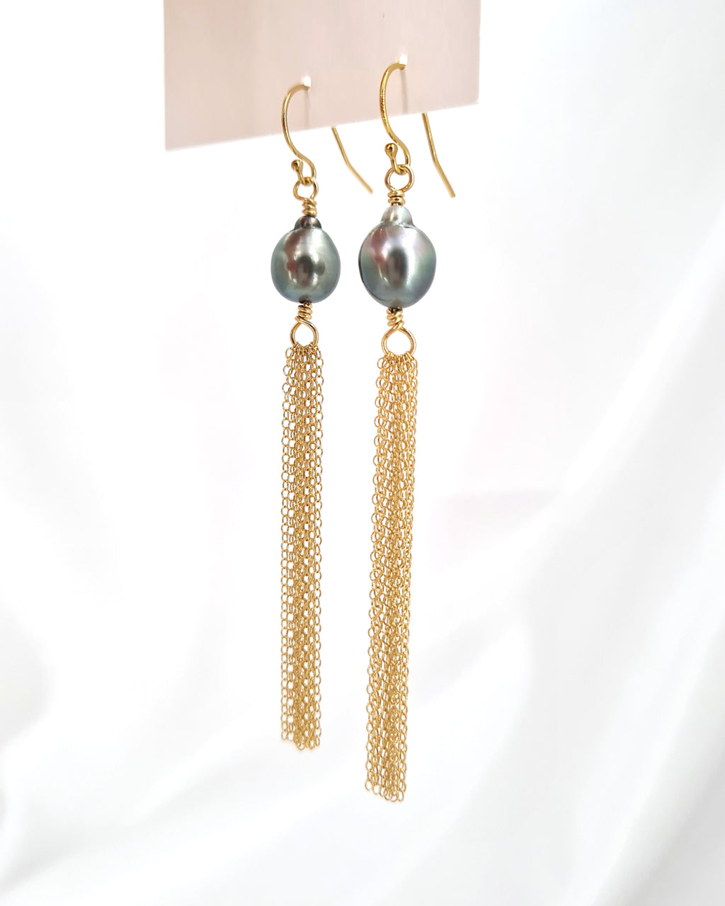 Tahitian Pearl Earrings, Grey Pearl Tassel Earrings 14k gold filled jewelry