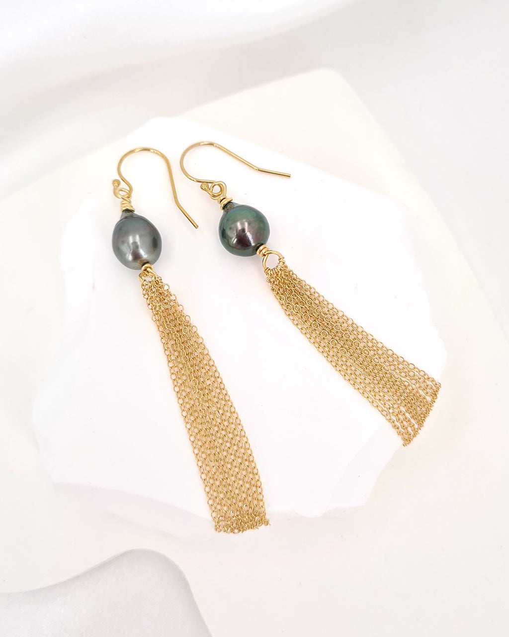 Tahitian Pearl Earrings | Tahitian Pearl Tassel Earrings in 14k Gold Filled Handmade in Singapore