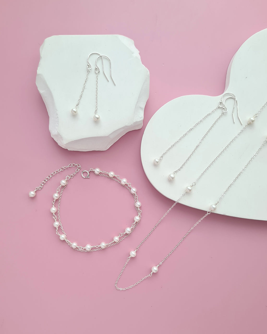Tiny Pearl Floating Station Necklace Jewelry Set, Bracelet and Earrings, Timeless Pearl in Singapore