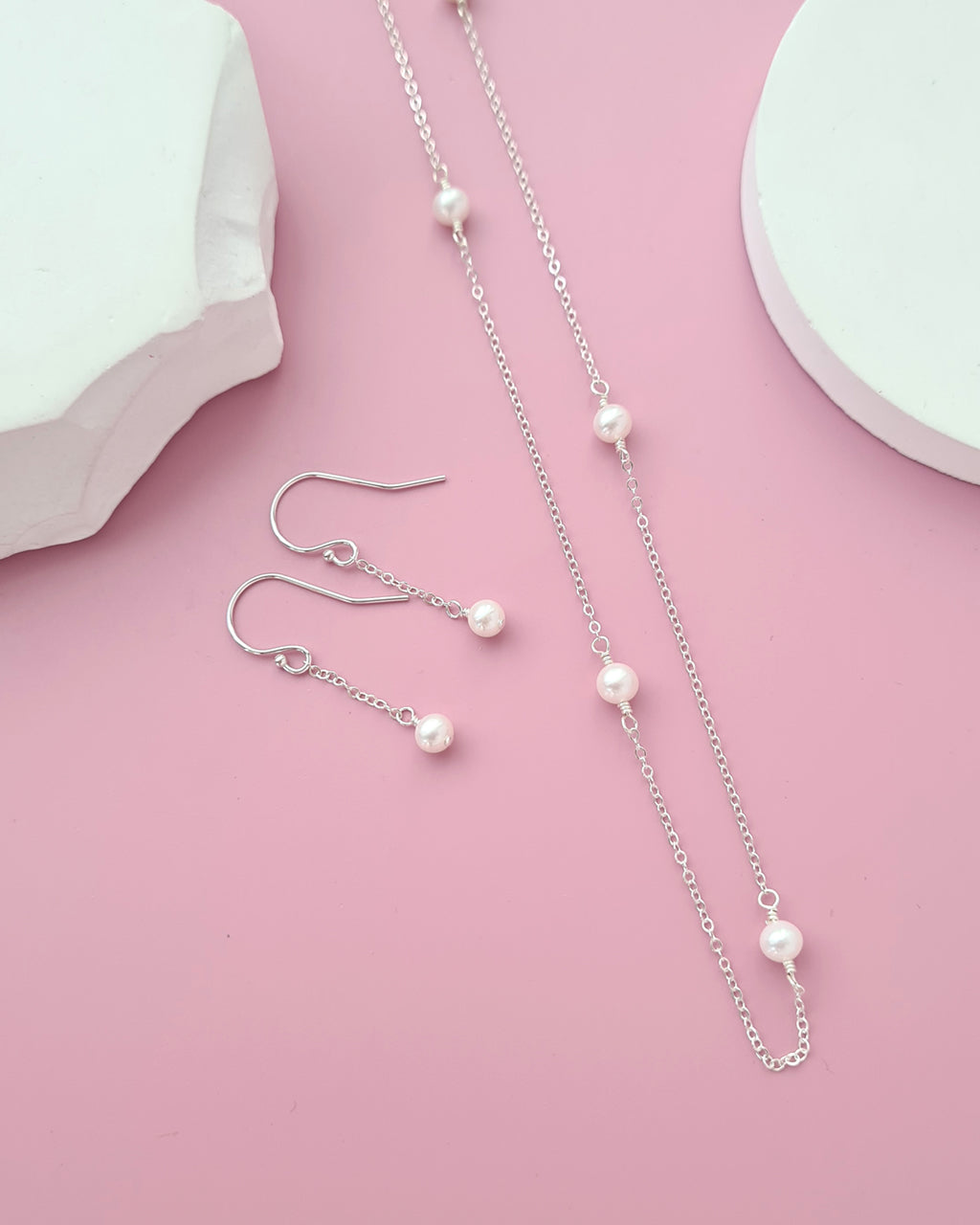 Tiny Pearl Floating Station Necklace Jewelry Set, Bracelet and Earrings, Timeless Pearl in Singapore