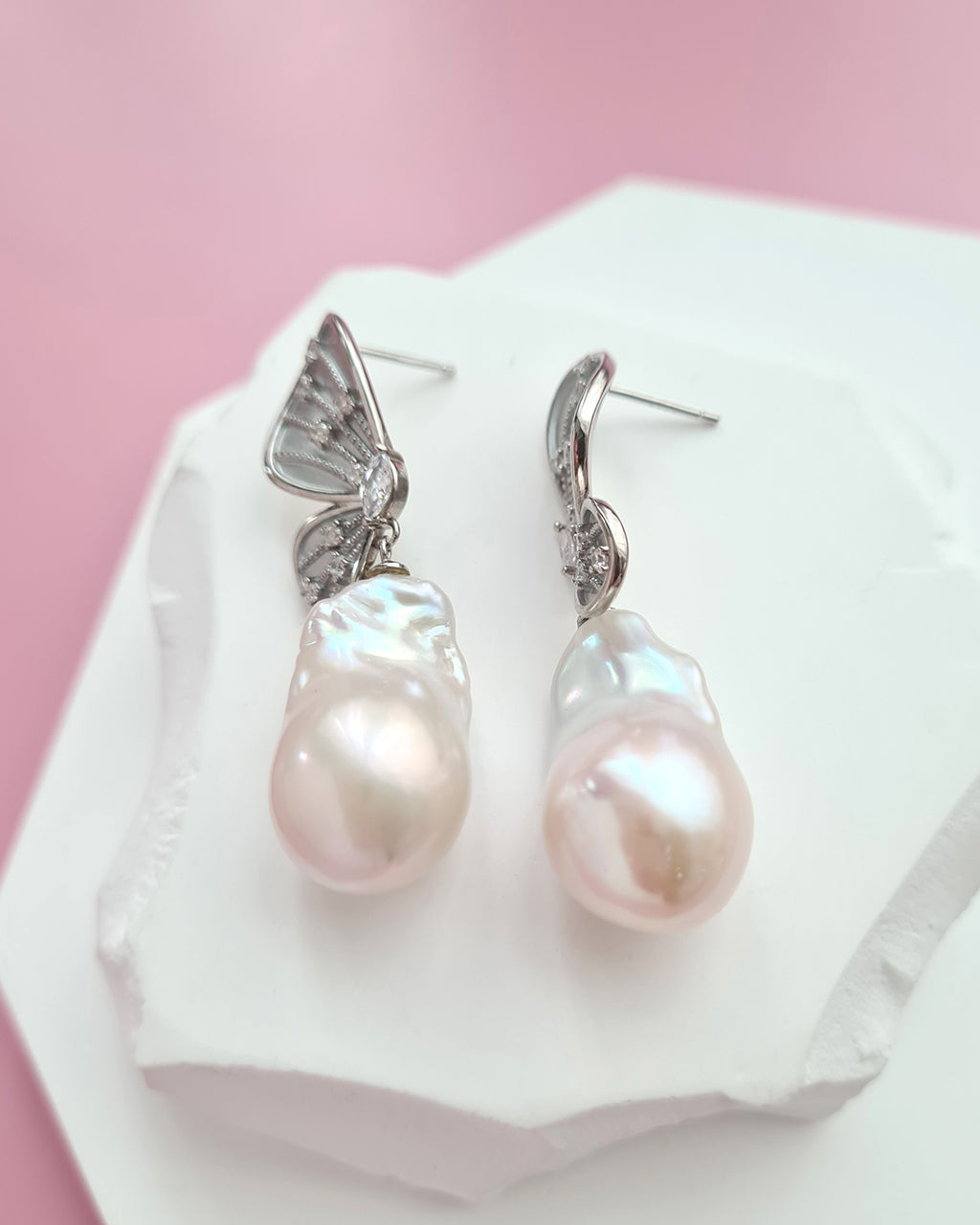 Whimsical Butterfly Big White Baroque Pearl Earrings, Everyday Luxury, Modern Pearl Jewelry