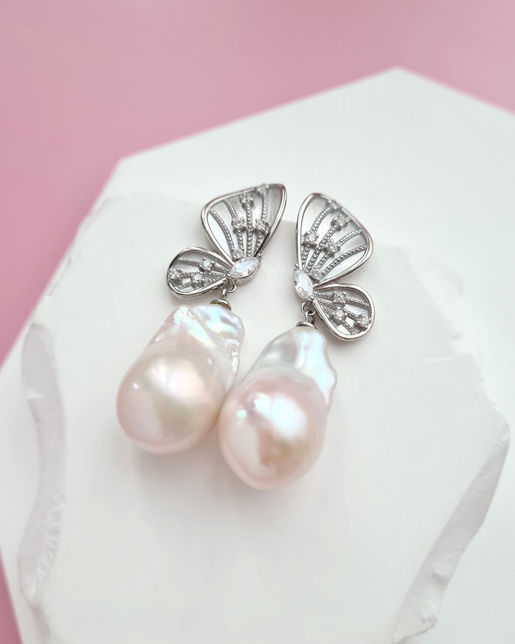Whimsical Butterfly Big White Baroque Pearl Earrings, Everyday Luxury, Modern Pearl Jewelry