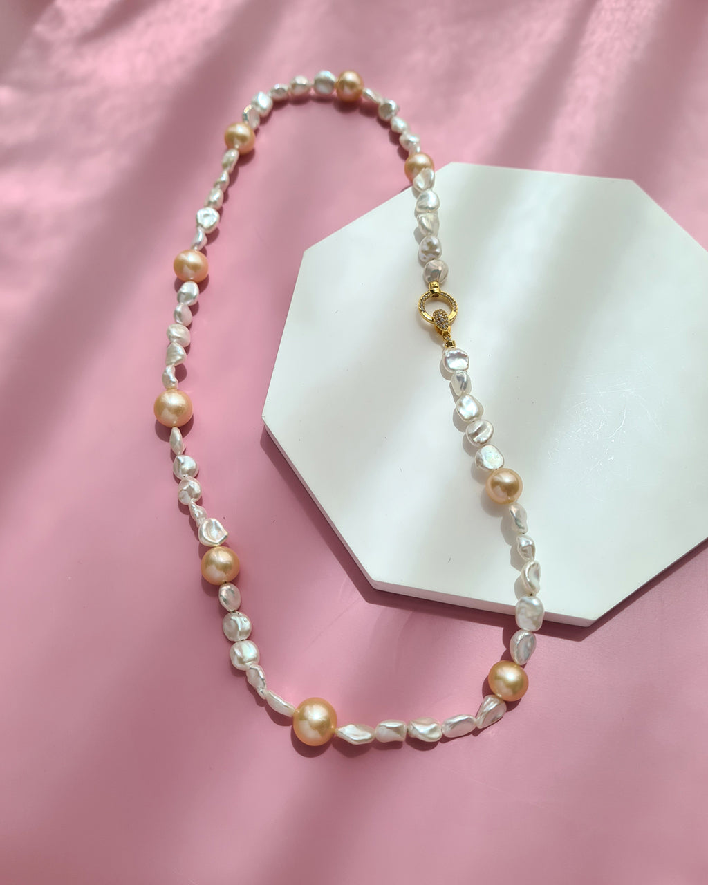 White Keshi Pearl and Peach Edison Pearl Strand Necklace, Modern Pearl Jewelry in Singapore