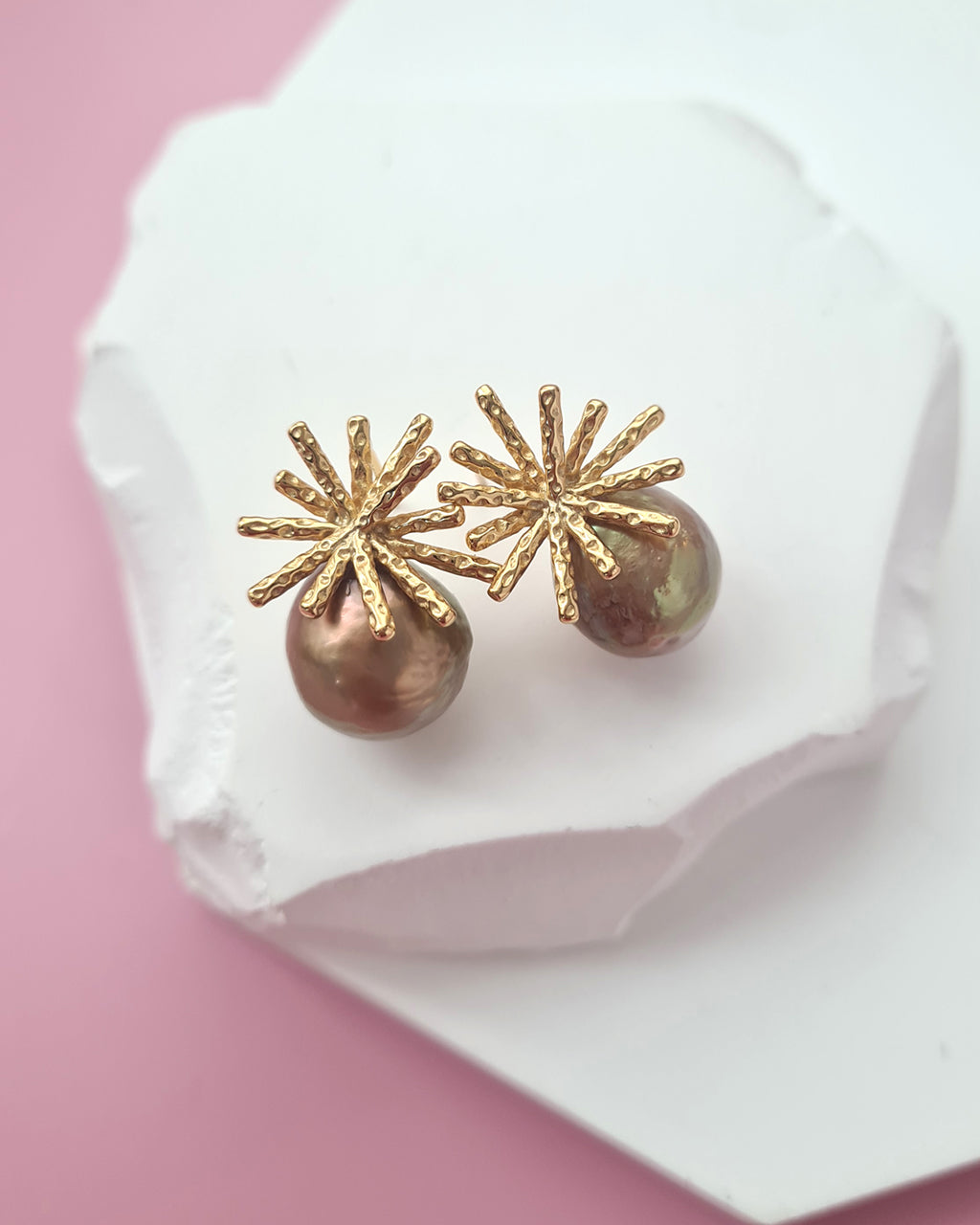 Wrinkled Pearl Earrings - Metallic Green & Firework Stud, Modern Pearl Jewelry for Busy Women