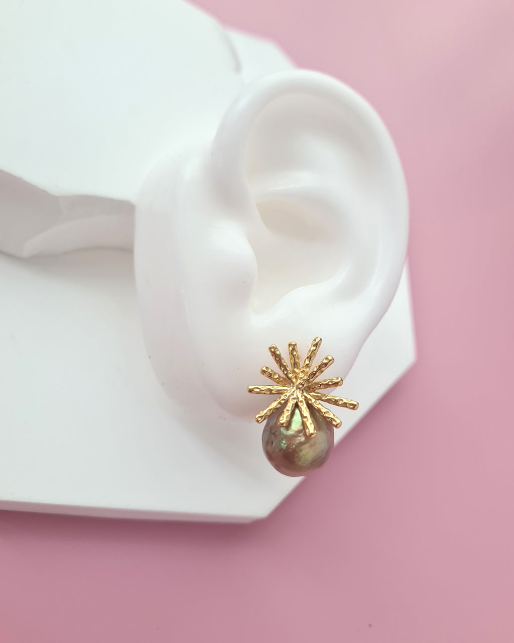 Wrinkled Pearl Earrings - Metallic Green & Firework Stud, Modern Pearl Jewelry for Busy Women