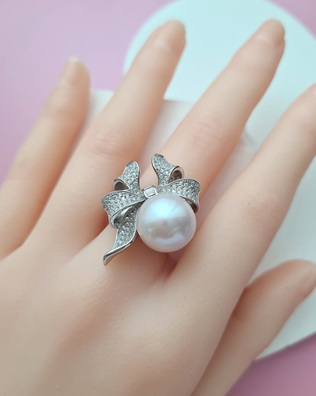 12mm Freshwater White Pearl Ring - Ribbon Statement Pearl Ring in Singapore