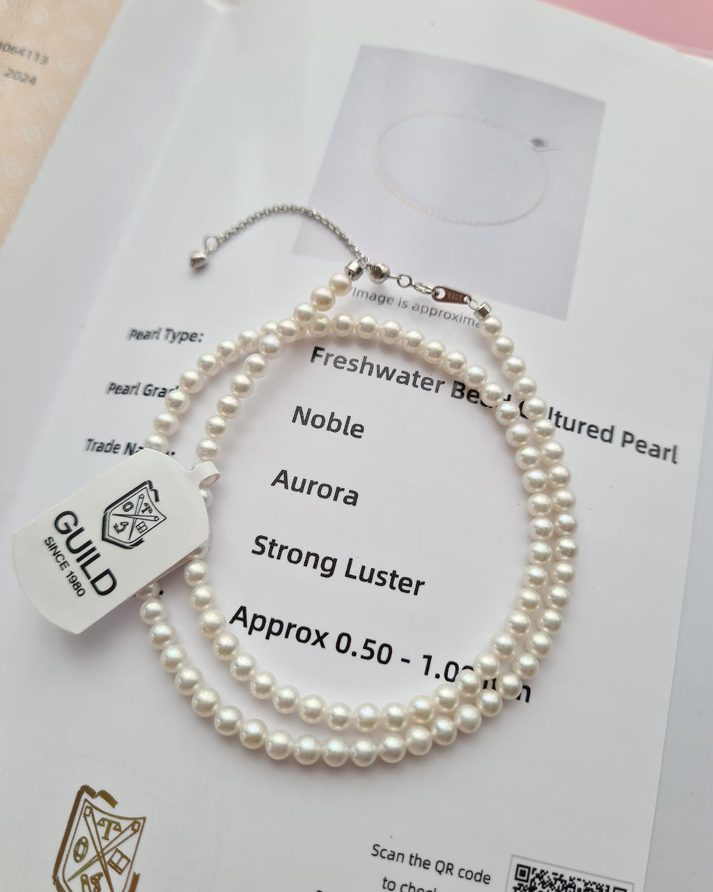 4mm Freshwater Baby Pearl Necklace - with GUILD Certificate, 5 Star Noble Aurora
