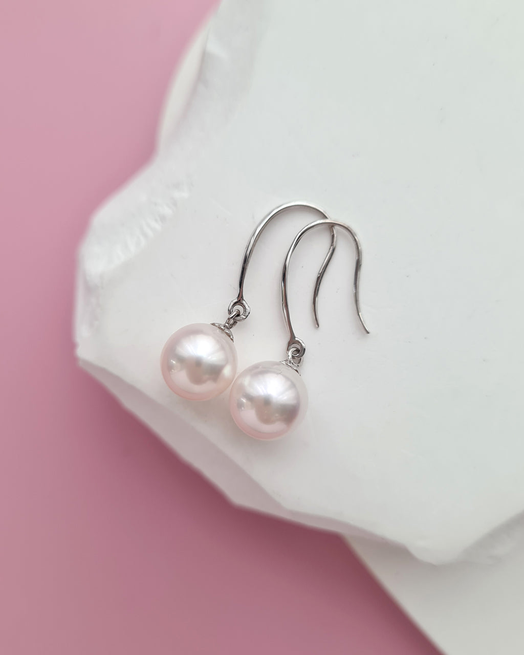 White Akoya Pearl 18K White Gold Drop Earrings - 7.5mm to 8mm White Pink Sheen Pearl Jewelry