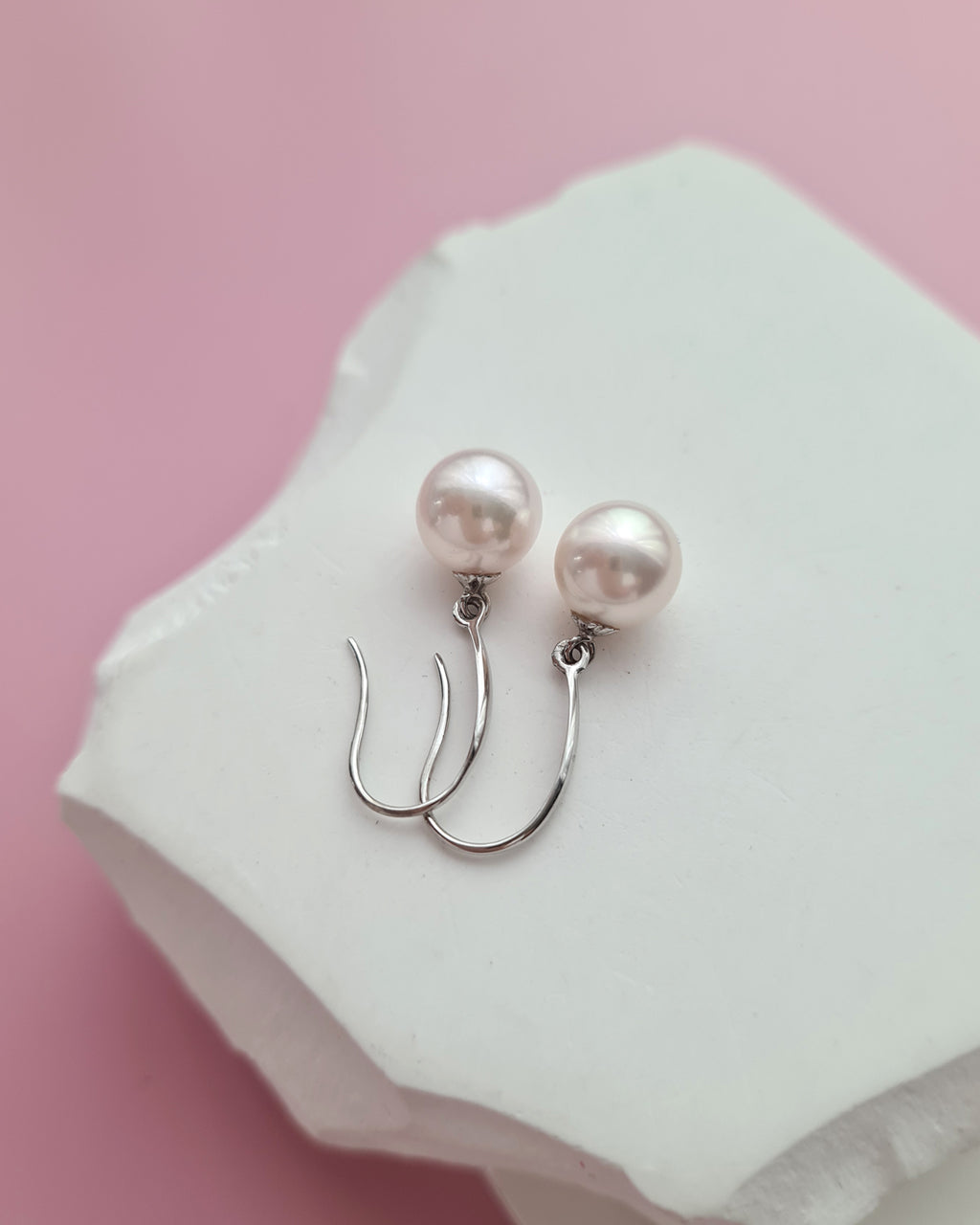 White Akoya Pearl 18K White Gold Drop Earrings - 7.5mm to 8mm White Pink Sheen Pearl Jewelry