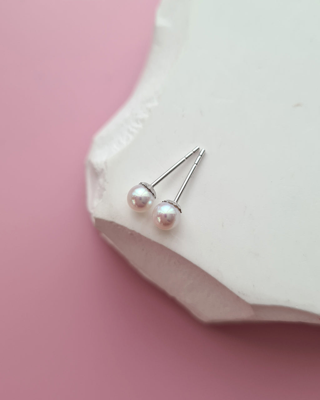 White Akoya Pearl 18K Gold Stud Earrings - 3mm to 4.5mm TEN-NYO, Pearl jewelry in Singapore