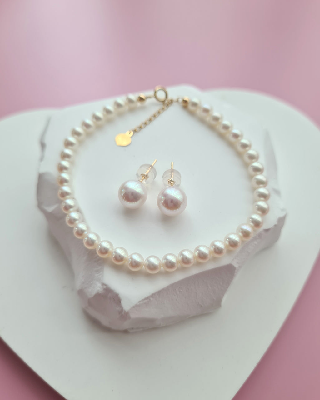 White Akoya Pearl 18K Gold Earrings and Bracelet Jewelry Set Wedding Jewelry for Brides