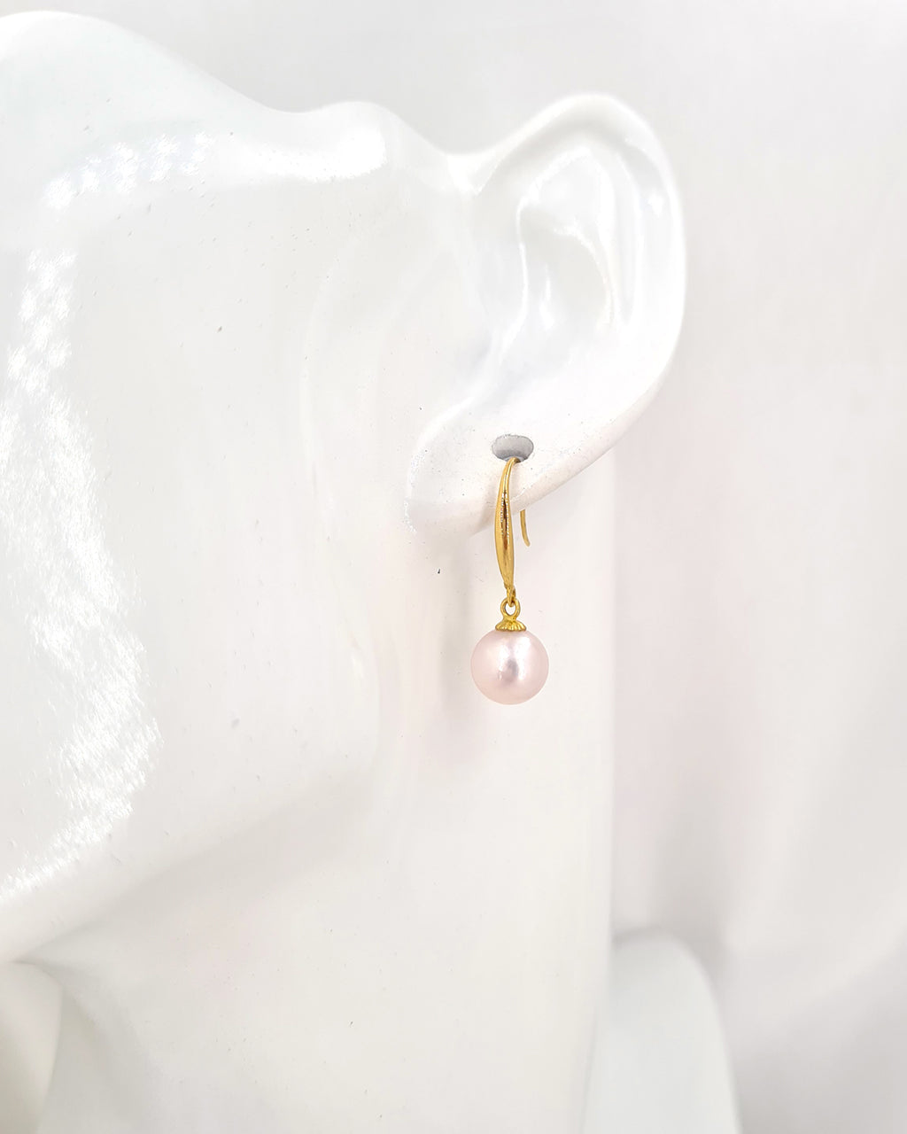 White Akoya Pearl 18K Gold Drop Earrings - 7.5mm to 8mm White Pink Sheen Pearl Jewelry
