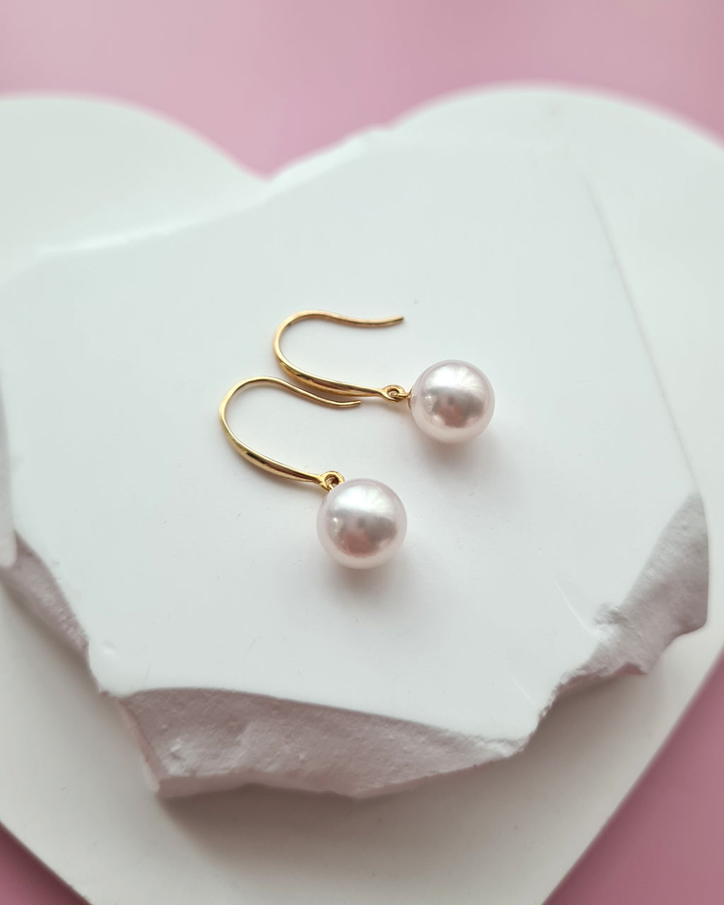 White Akoya Pearl 18K Gold Drop Earrings - 7.5mm to 8mm White Pink Sheen Pearl Jewelry