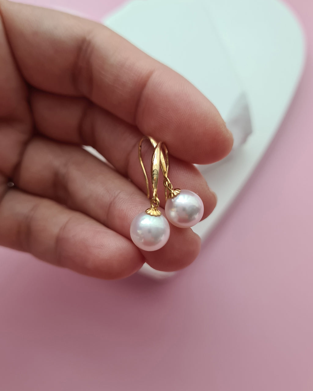 White Akoya Pearl 18K Gold Drop Earrings - 7.5mm to 8mm White Pink Sheen Pearl Jewelry