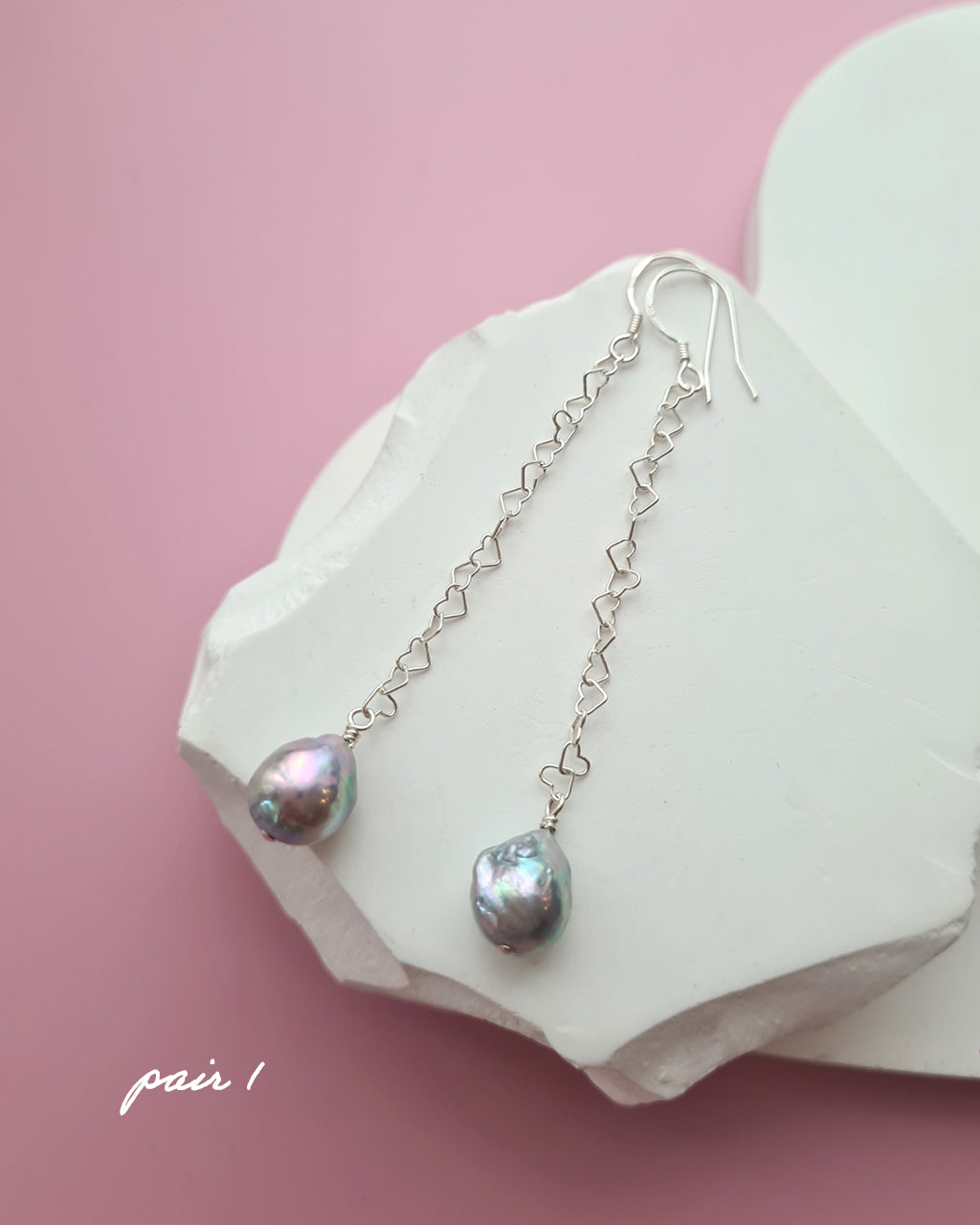 Silver Blue Akoya Pearl Long Heart Chain Earrings in Sterling Silver, Handmade in Singapore