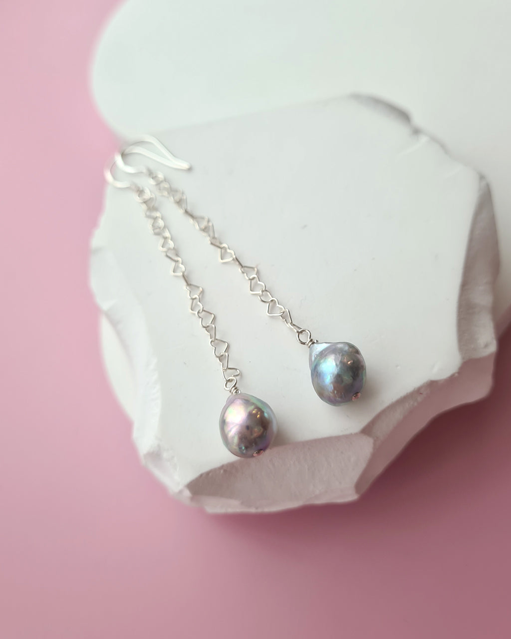 Silver Blue Akoya Pearl Long Heart Chain Earrings in Sterling Silver, Handmade in Singapore