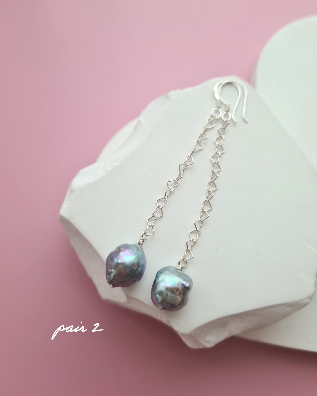 Silver Blue Akoya Pearl Long Heart Chain Earrings in Sterling Silver, Handmade in Singapore
