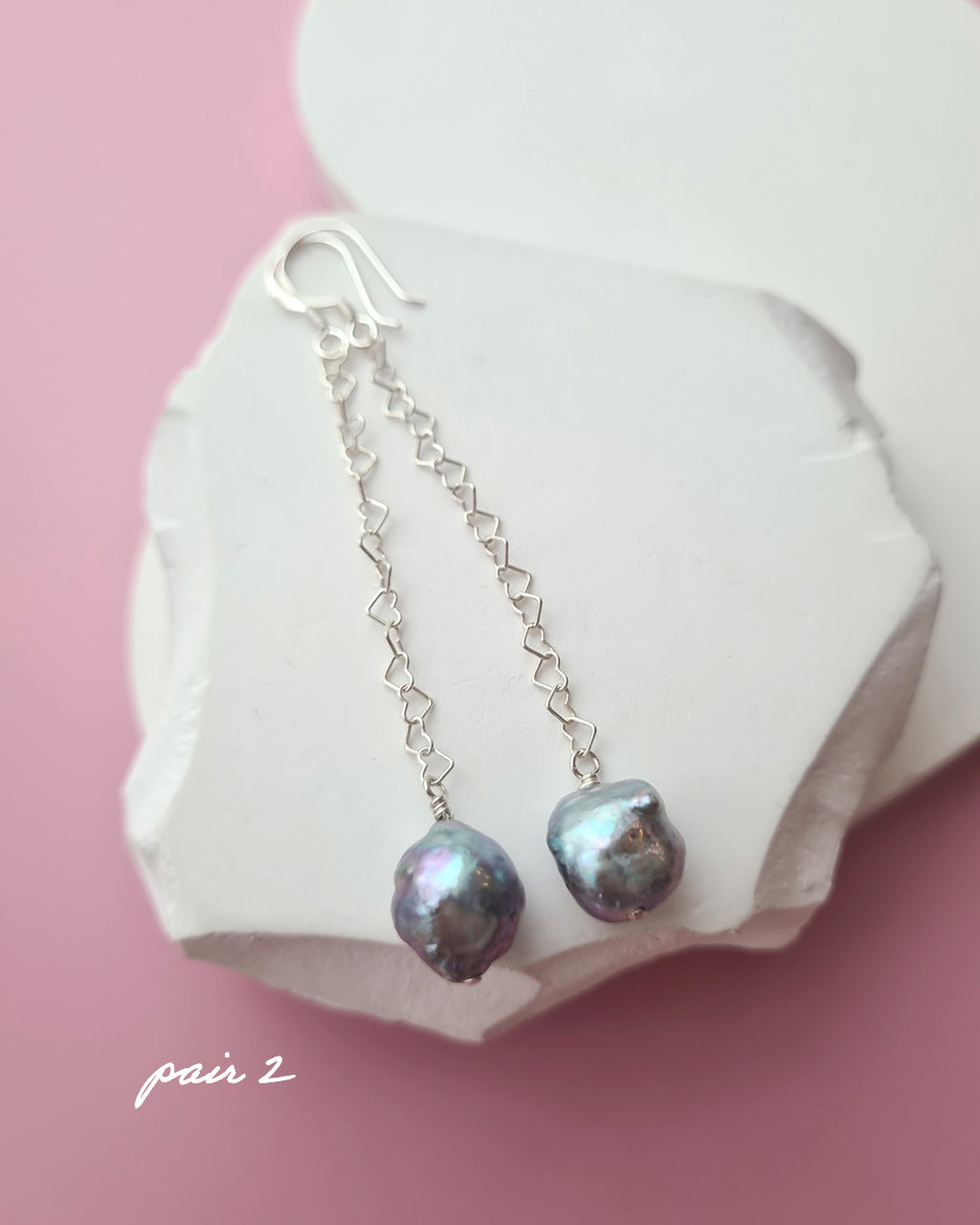 Silver Blue Akoya Pearl Long Heart Chain Earrings in Sterling Silver, Handmade in Singapore