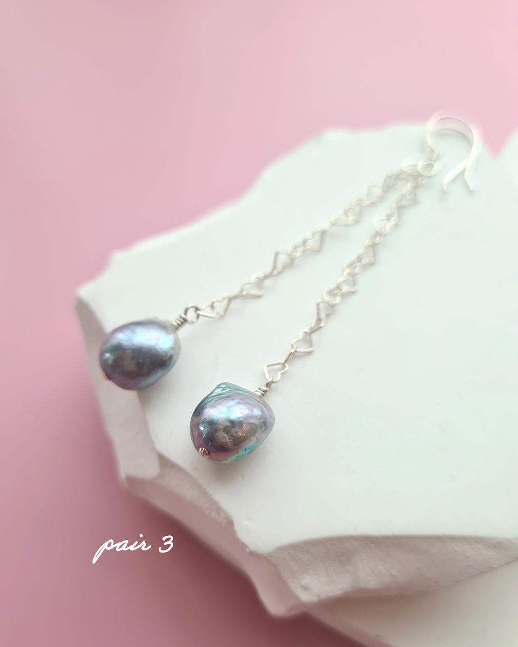 Silver Blue Akoya Pearl Long Heart Chain Earrings in Sterling Silver, Handmade in Singapore