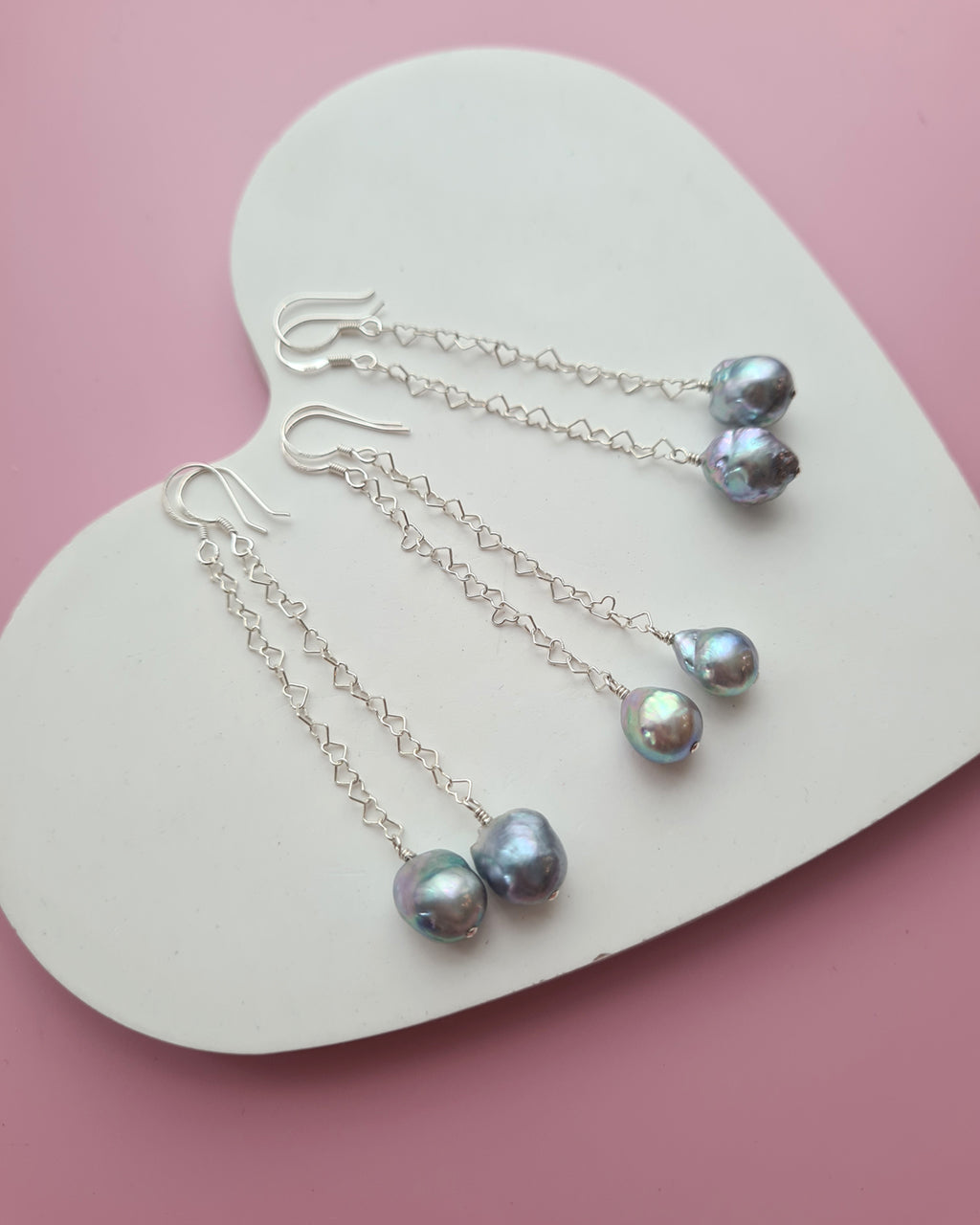 Silver Blue Akoya Pearl Long Heart Chain Earrings in Sterling Silver, Handmade in Singapore