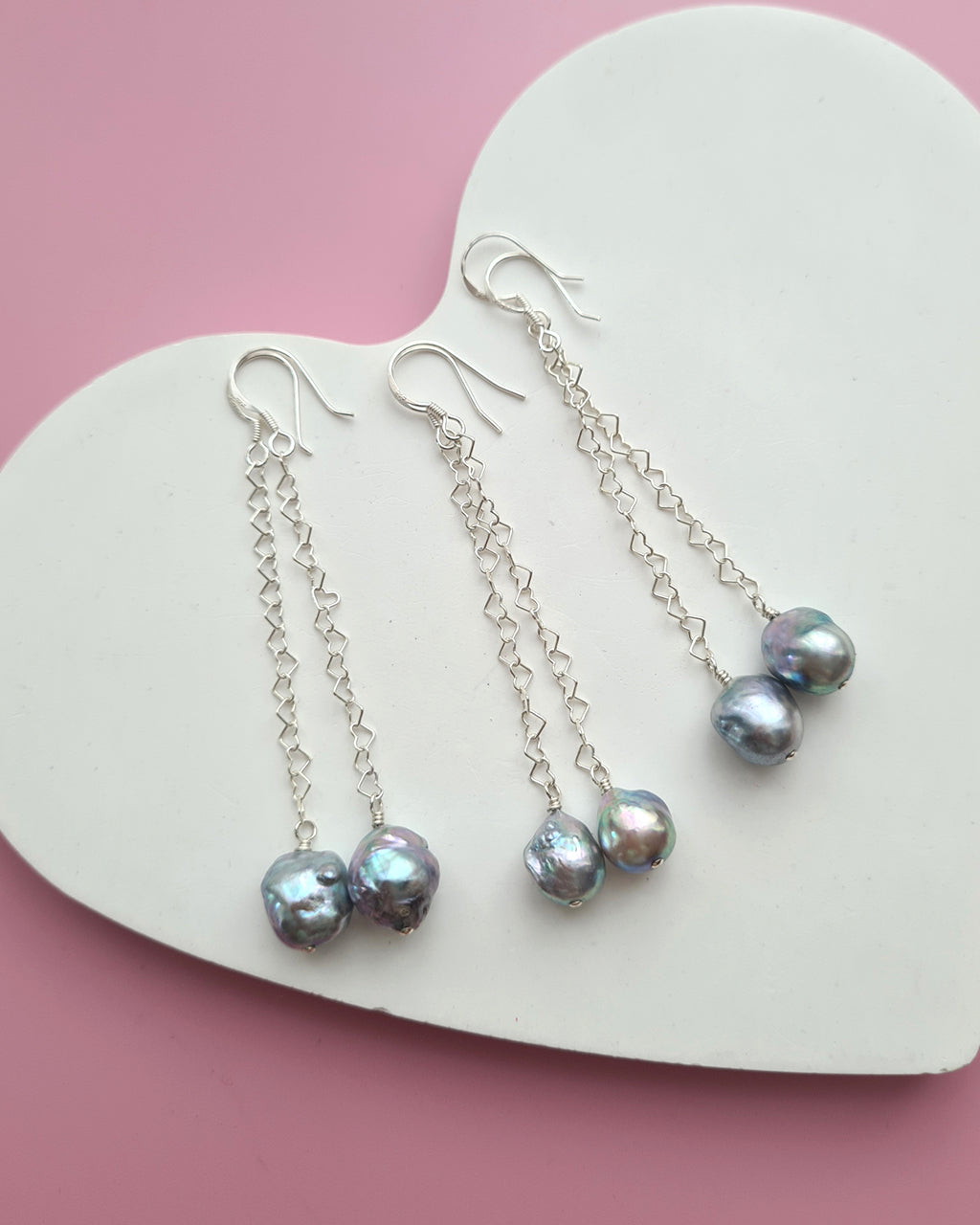 Silver Blue Akoya Pearl Long Heart Chain Earrings in Sterling Silver, Handmade in Singapore