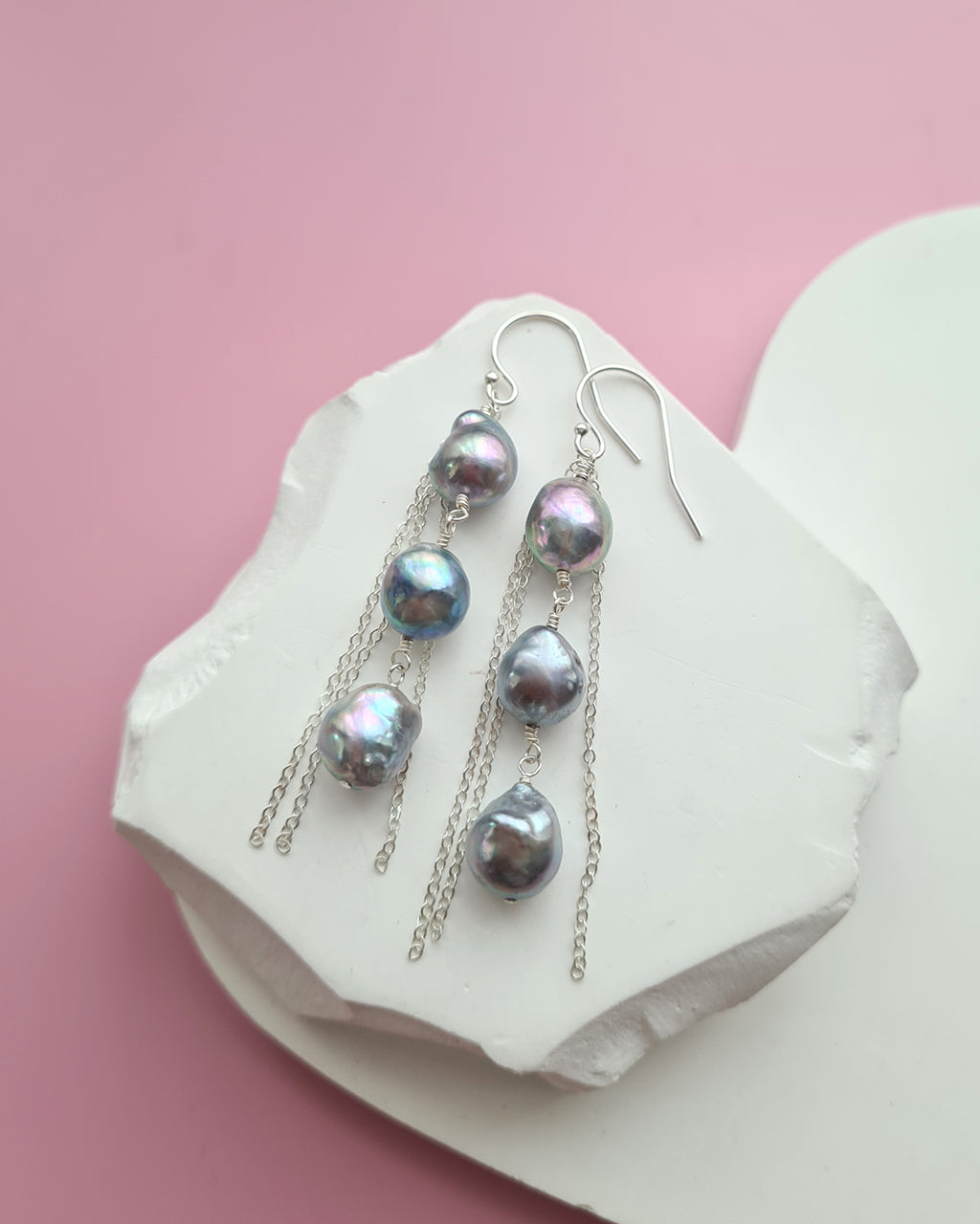 Triple Silver Blue Akoya Pearl Earrings, Handmade pearl jewelry in Singapore