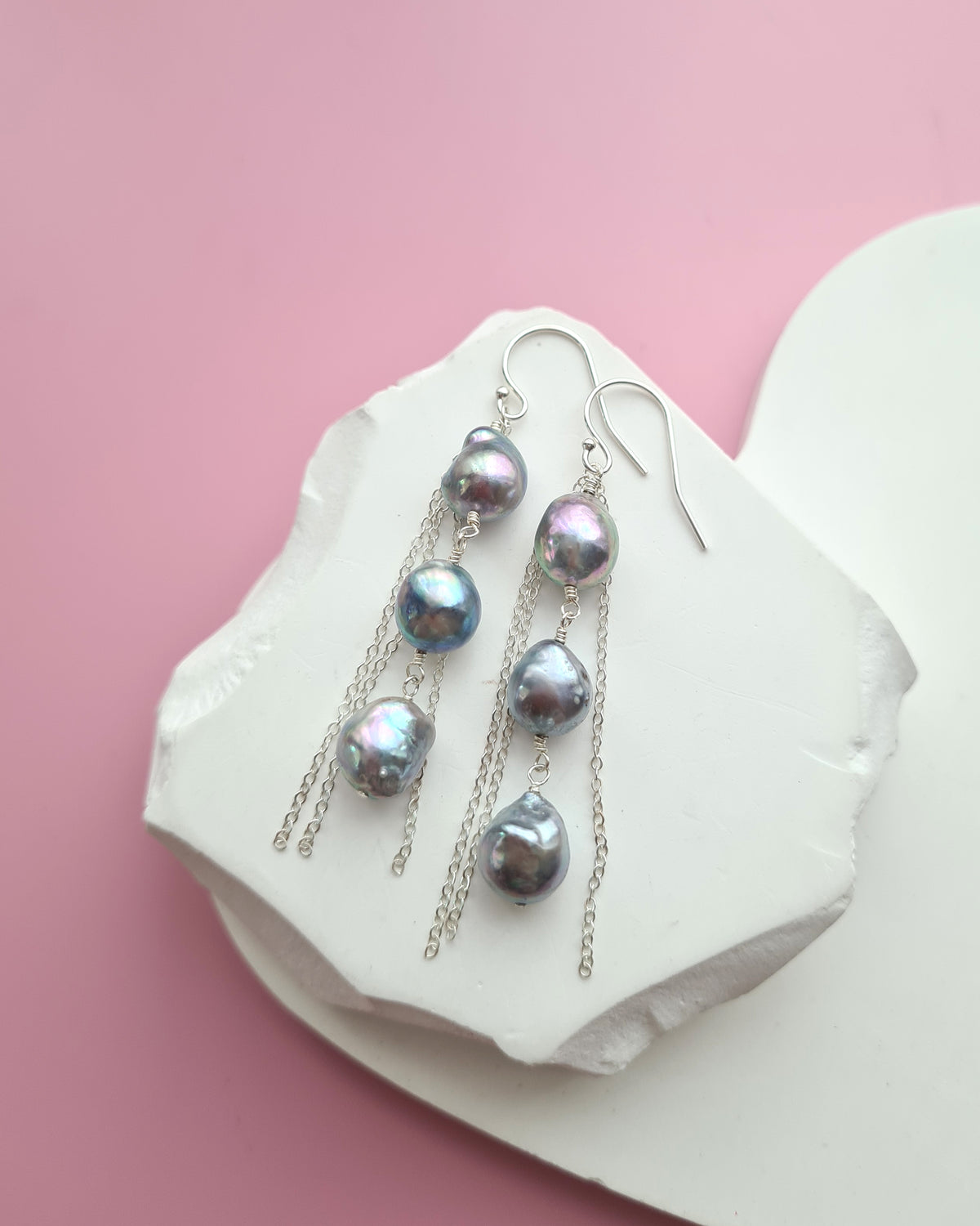 Triple Silver Blue Akoya Pearl Earrings, Handmade pearl jewelry in Singapore