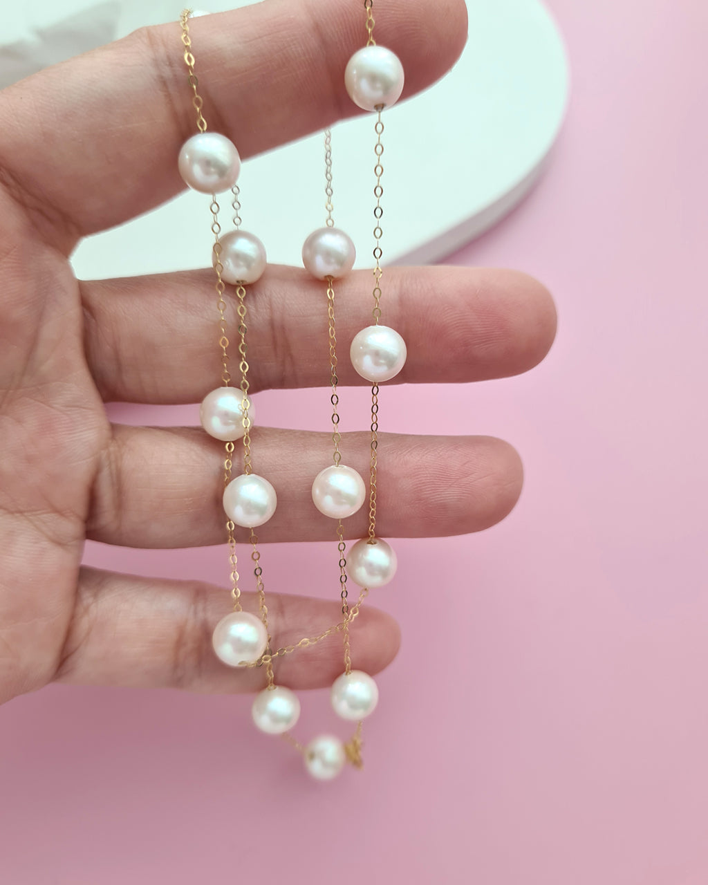 Akoya Pearl Floating Station Necklace - 18k Gold Pearl Jewelry in Singapore