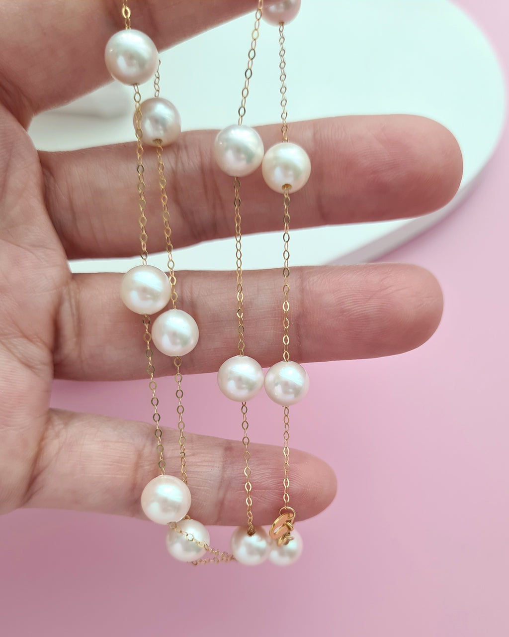 Akoya Pearl Floating Station Necklace - 18k Gold Pearl Jewelry in Singapore