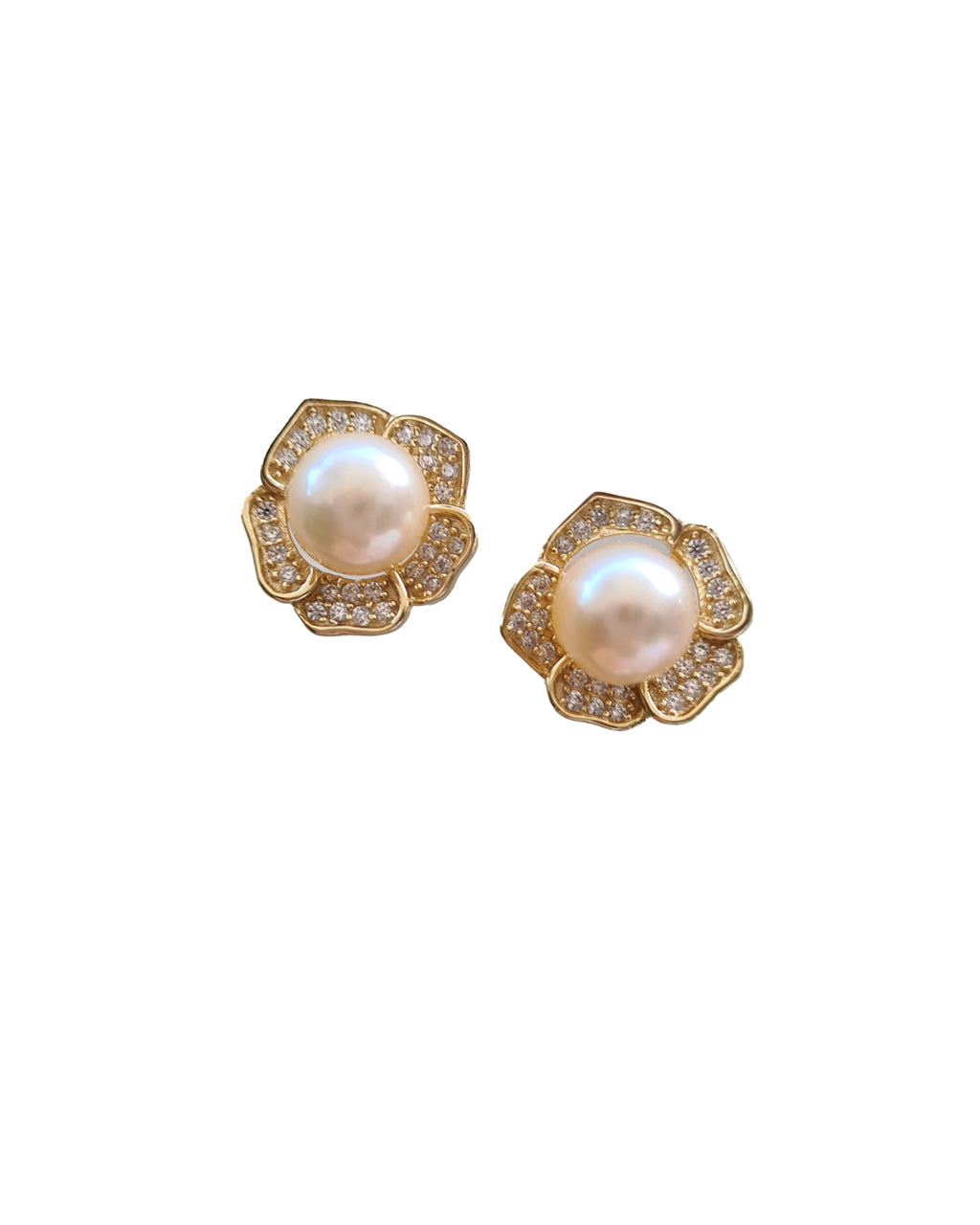 Akoya Pearl Floral Stud Earrings | Akoya Queen Gold Champagne Pearl Earrings | Singapore