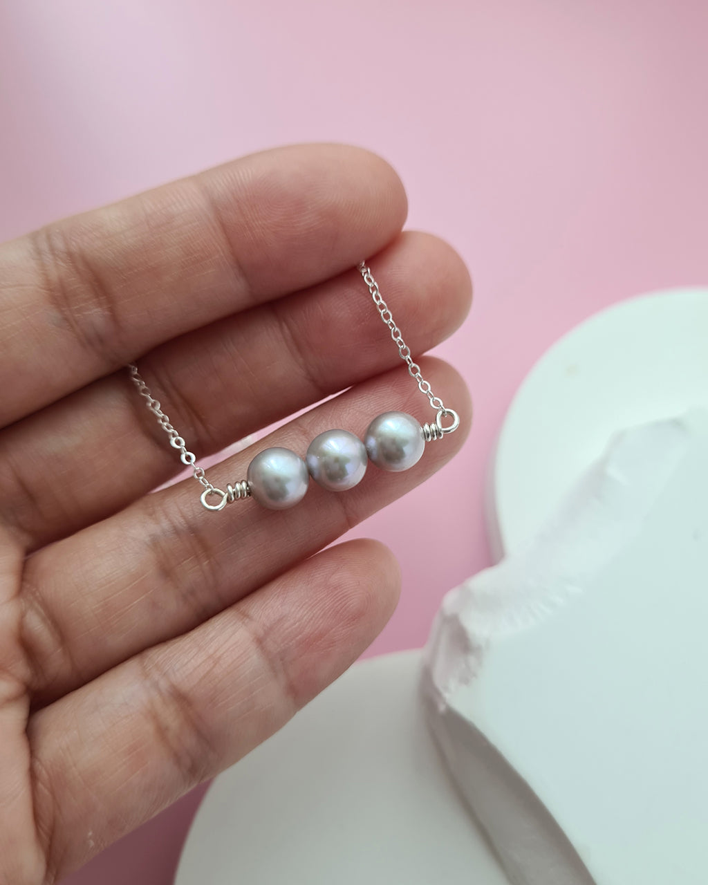 Radiant Trio: Glimmering Akoya Silver-Blue Pearl Necklace Sterling Silver