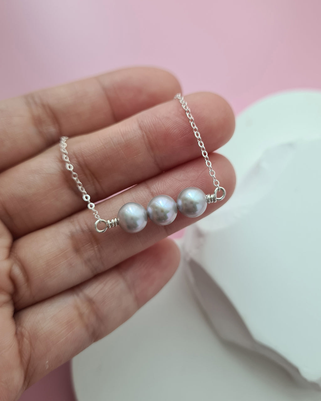 Radiant Trio: Glimmering Akoya Silver-Blue Pearl Necklace Sterling Silver