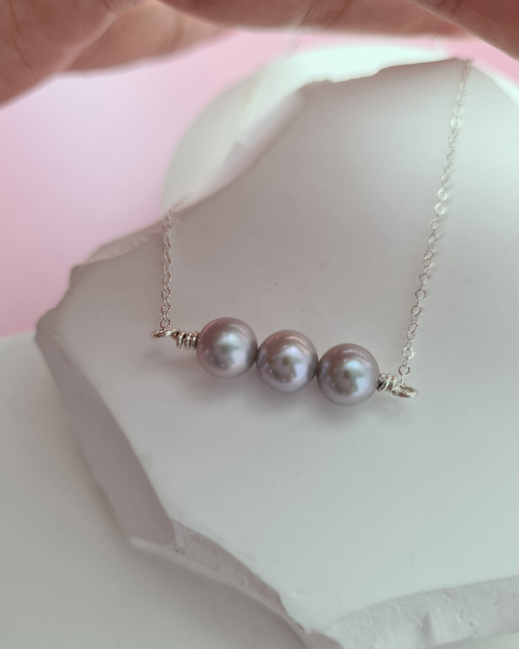 Radiant Trio: Glimmering Akoya Silver-Blue Pearl Necklace Sterling Silver