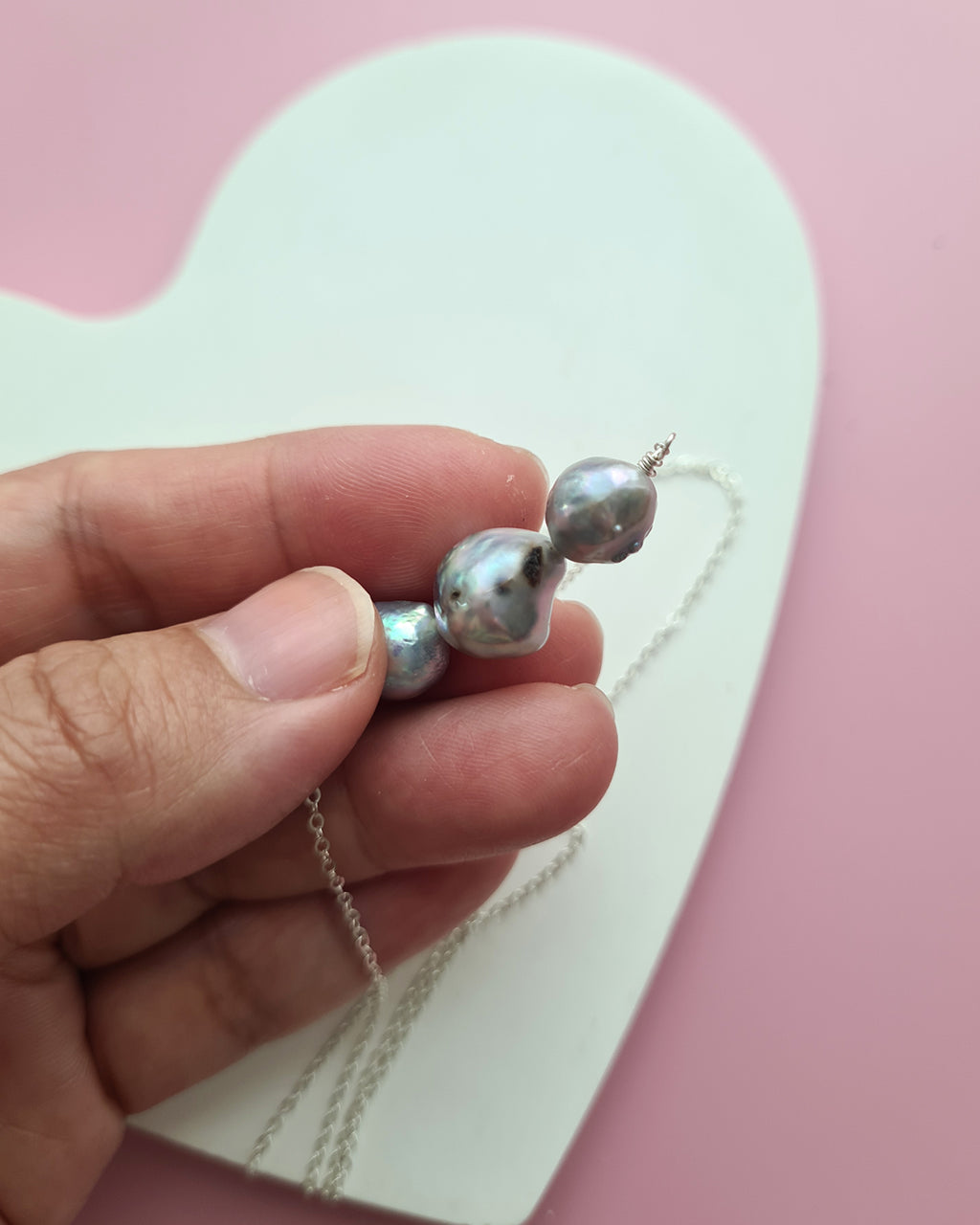 Triple Silver Blue Baroque Akoya Pearl Necklace, Handmade Pearl Jewelry in Singapore