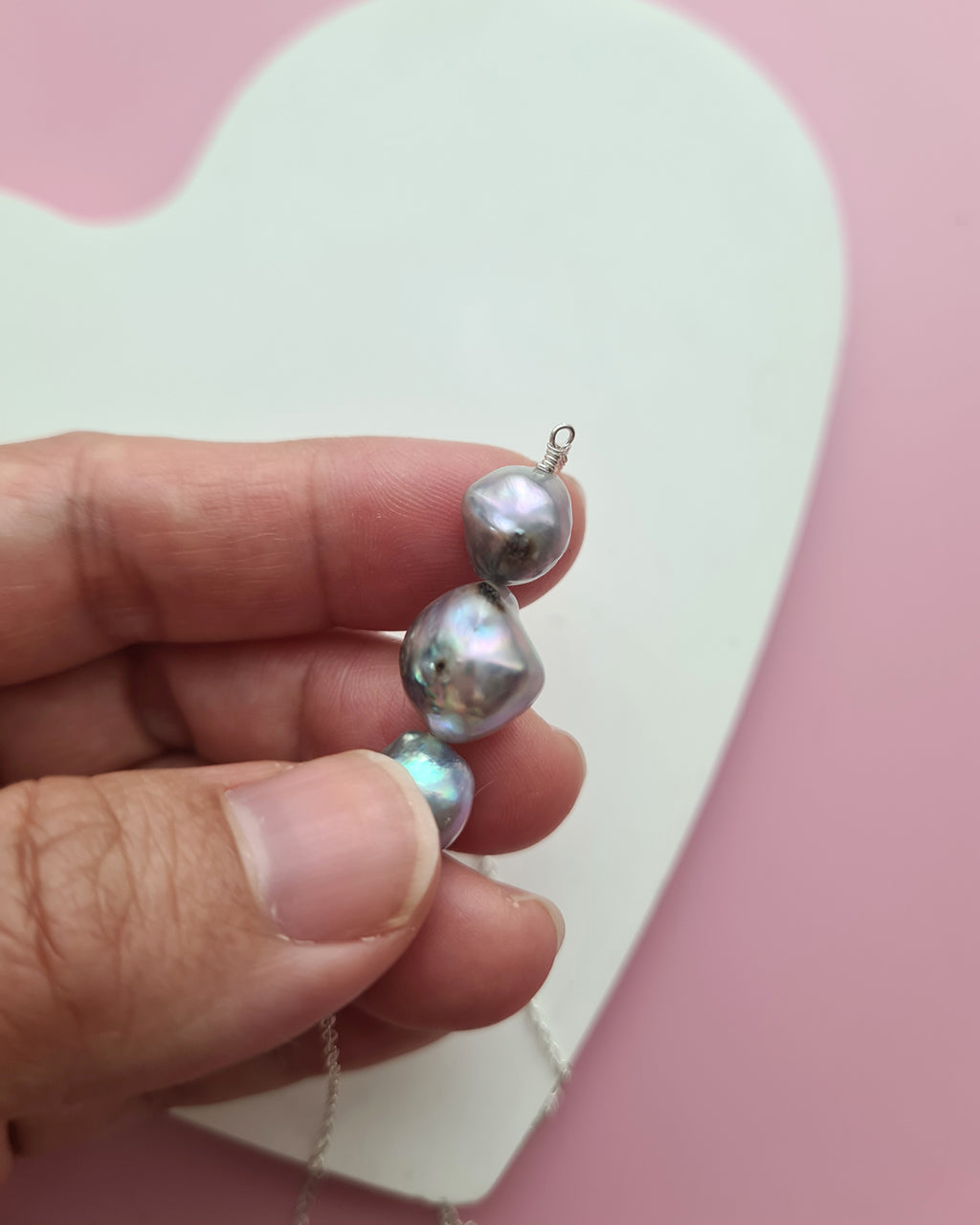 Triple Silver Blue Baroque Akoya Pearl Necklace, Handmade Pearl Jewelry in Singapore