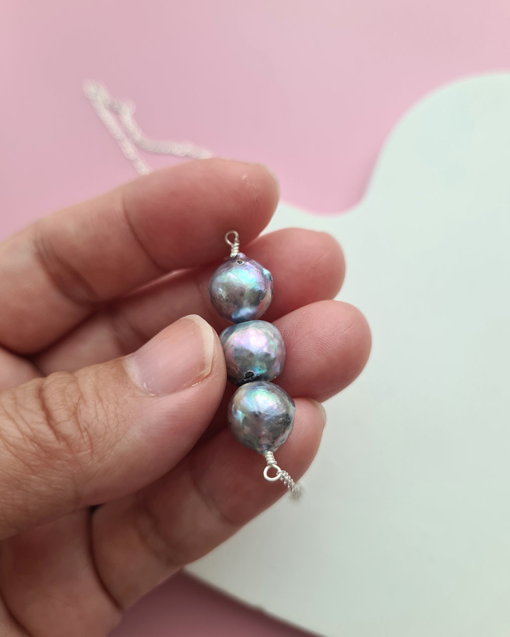 Triple Silver Blue Baroque Akoya Pearl Necklace, Handmade Pearl Jewelry in Singapore