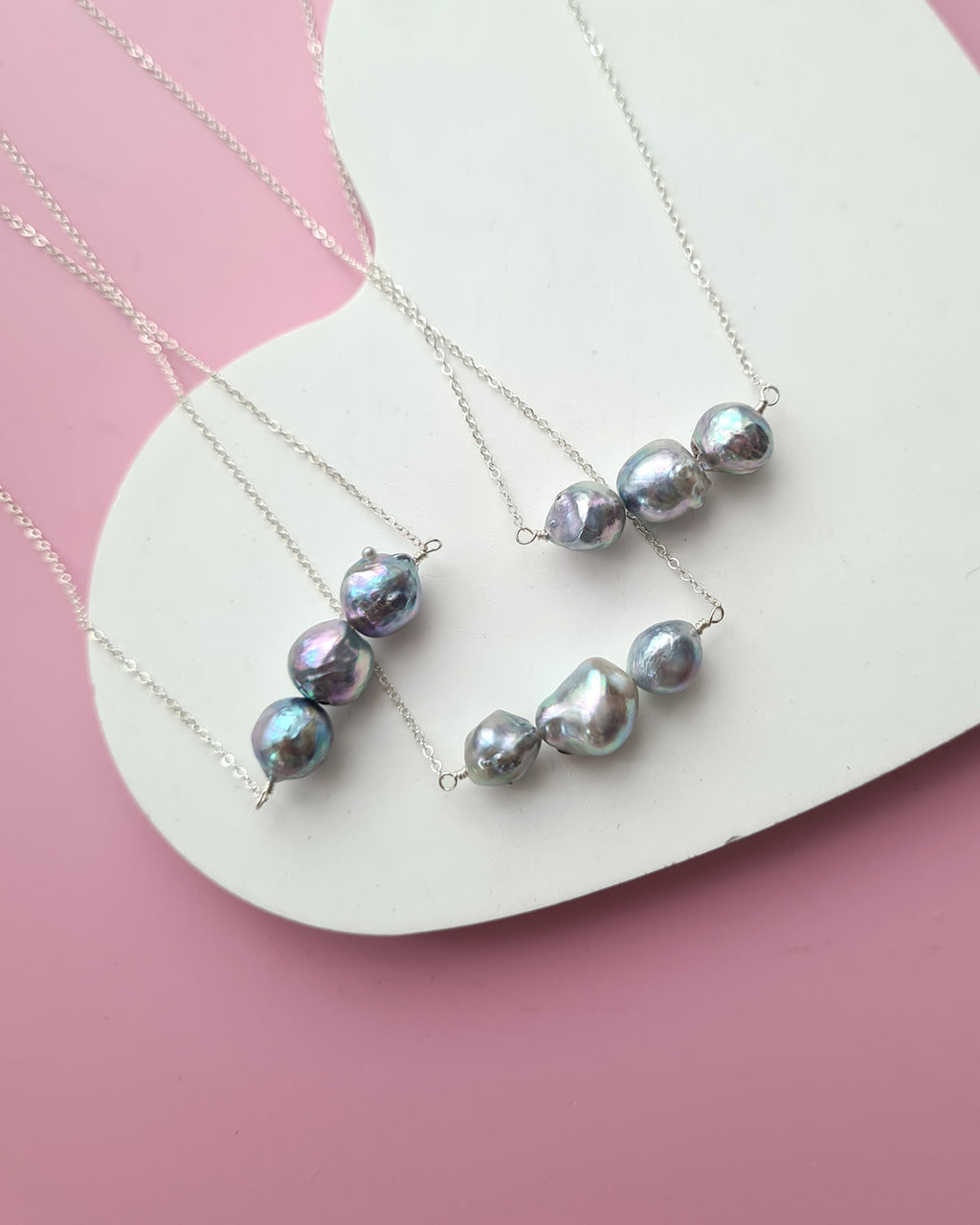 Triple Silver Blue Baroque Akoya Pearl Necklace, Handmade Pearl Jewelry in Singapore