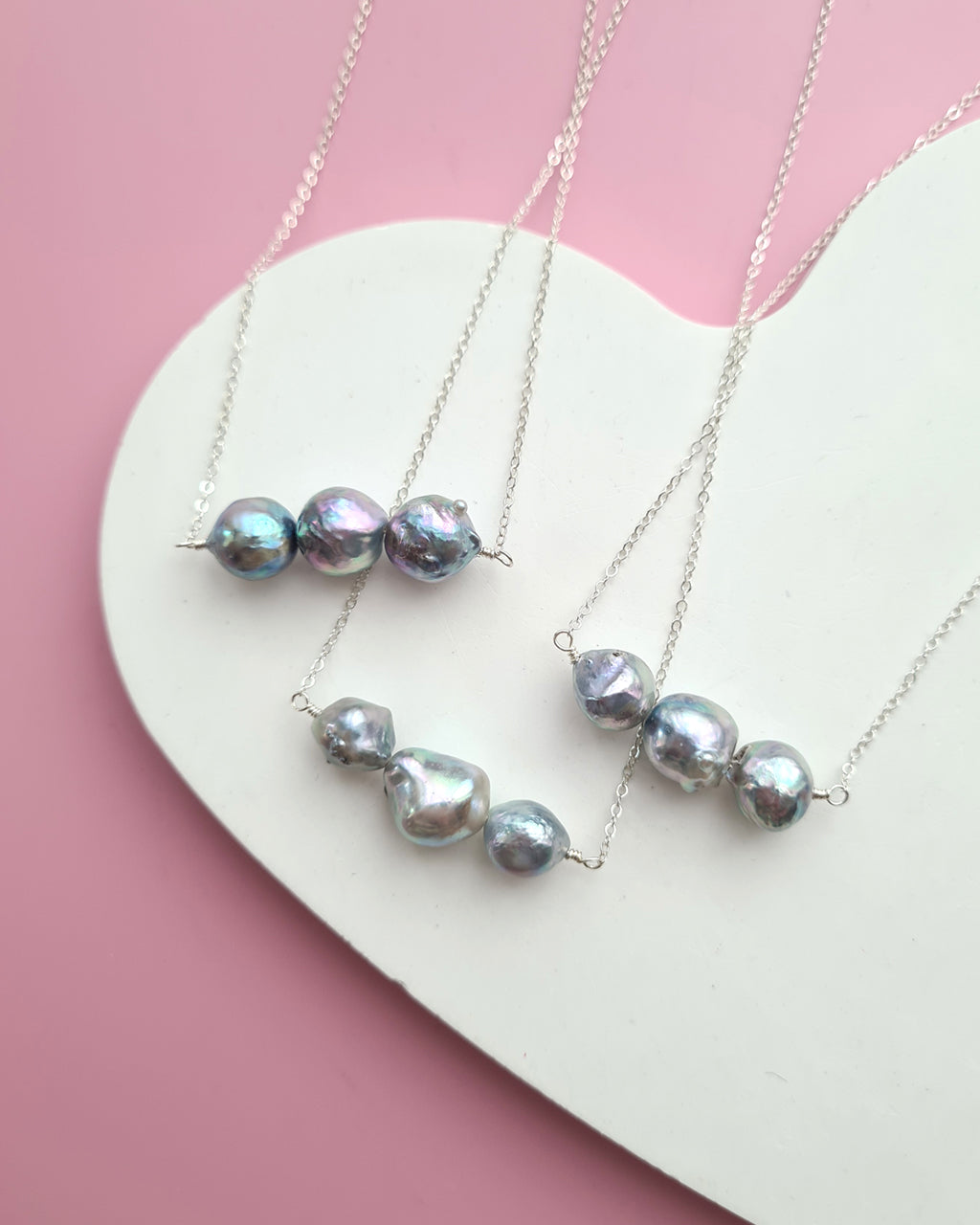 Triple Silver Blue Baroque Akoya Pearl Necklace, Handmade Pearl Jewelry in Singapore