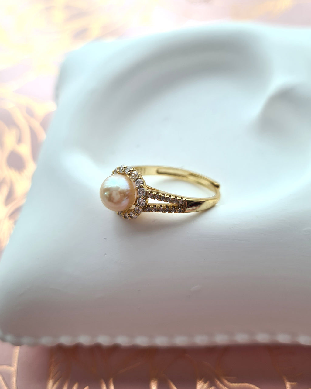 Akoya Pearl Halo Ring - Gold Queen Champagne Akoya Pearl