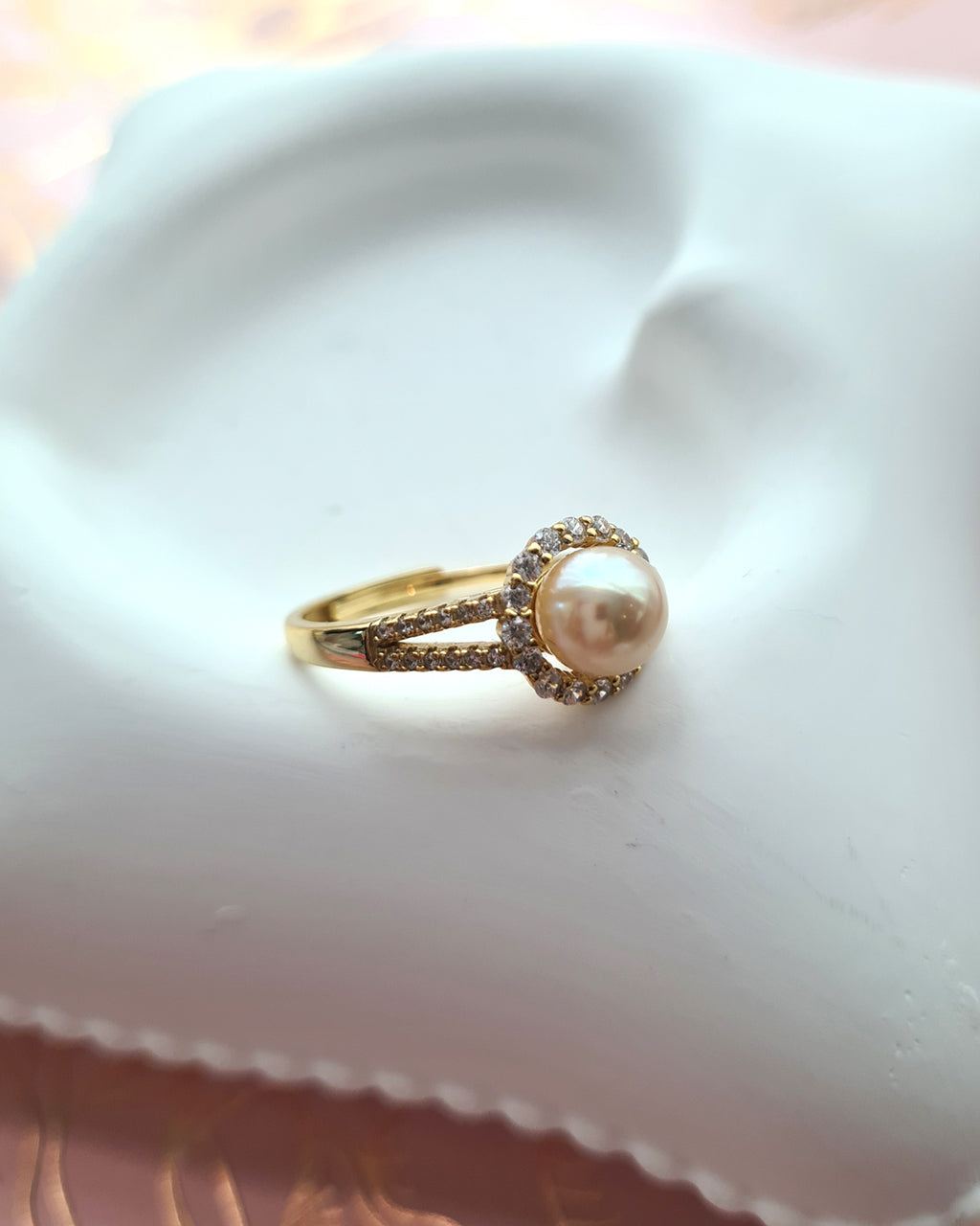 Akoya Pearl Halo Ring - Gold Queen Champagne Akoya Pearl