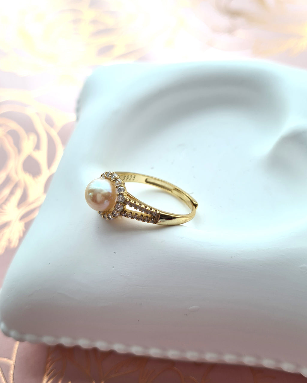 Akoya Pearl Halo Ring - Gold Queen Champagne Akoya Pearl