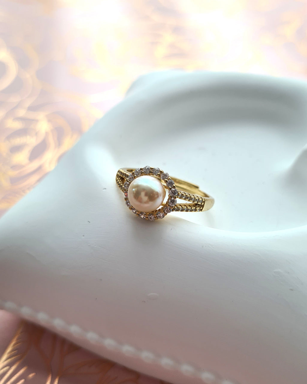 Akoya Pearl Halo Ring - Gold Queen Champagne Akoya Pearl