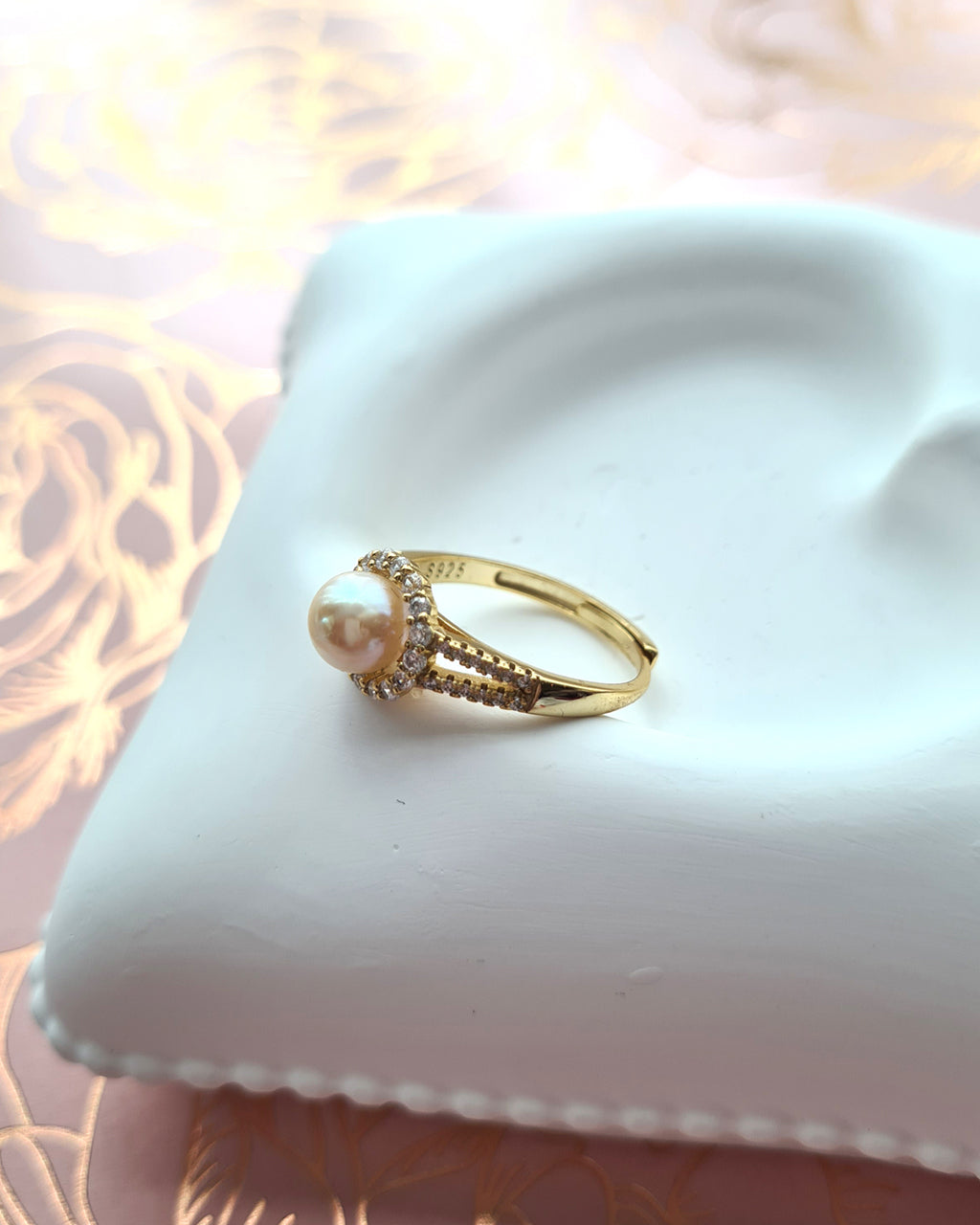 Akoya Pearl Halo Ring - Gold Queen Champagne Akoya Pearl