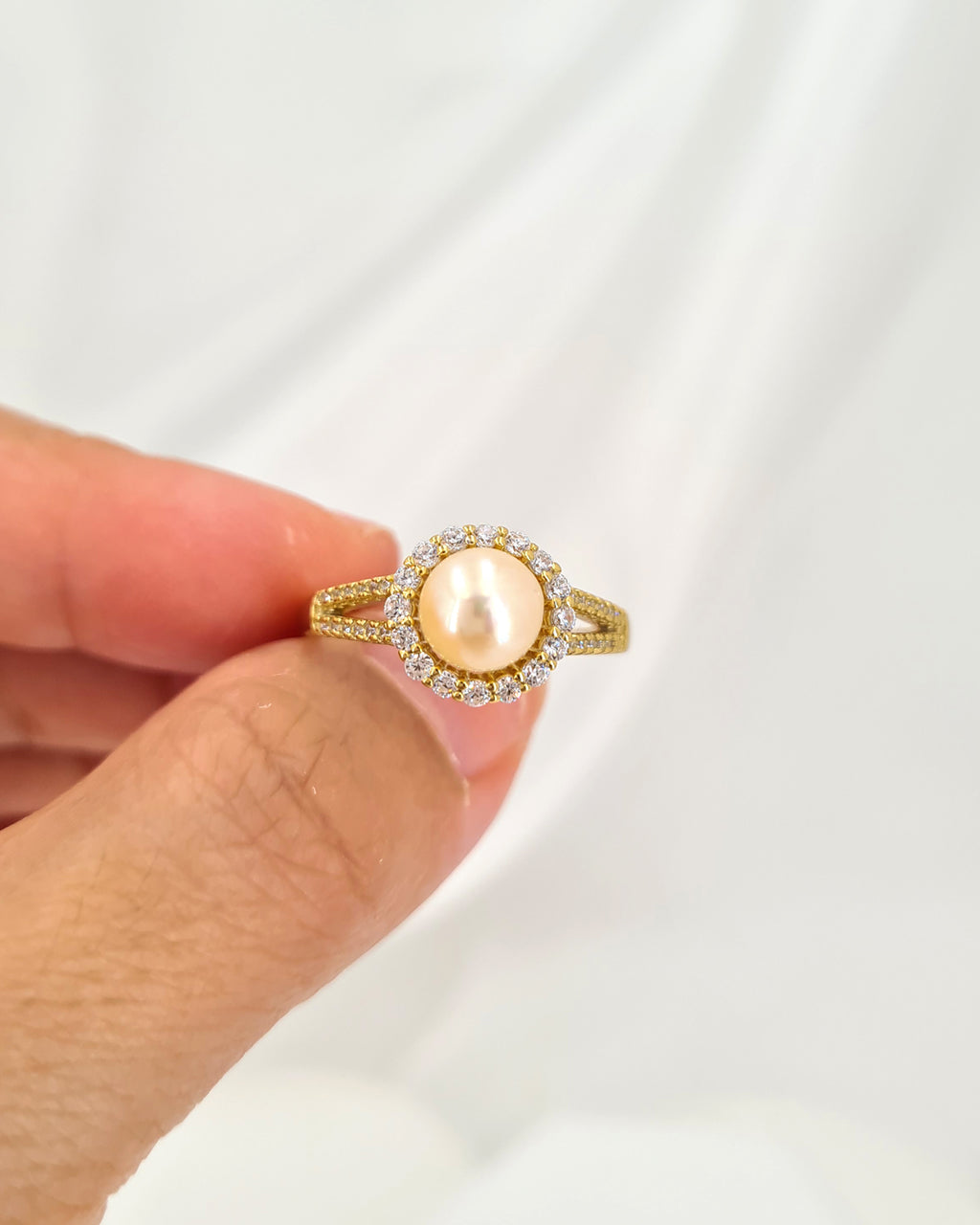 Akoya Pearl Halo Ring - Gold Queen Champagne Akoya Pearl